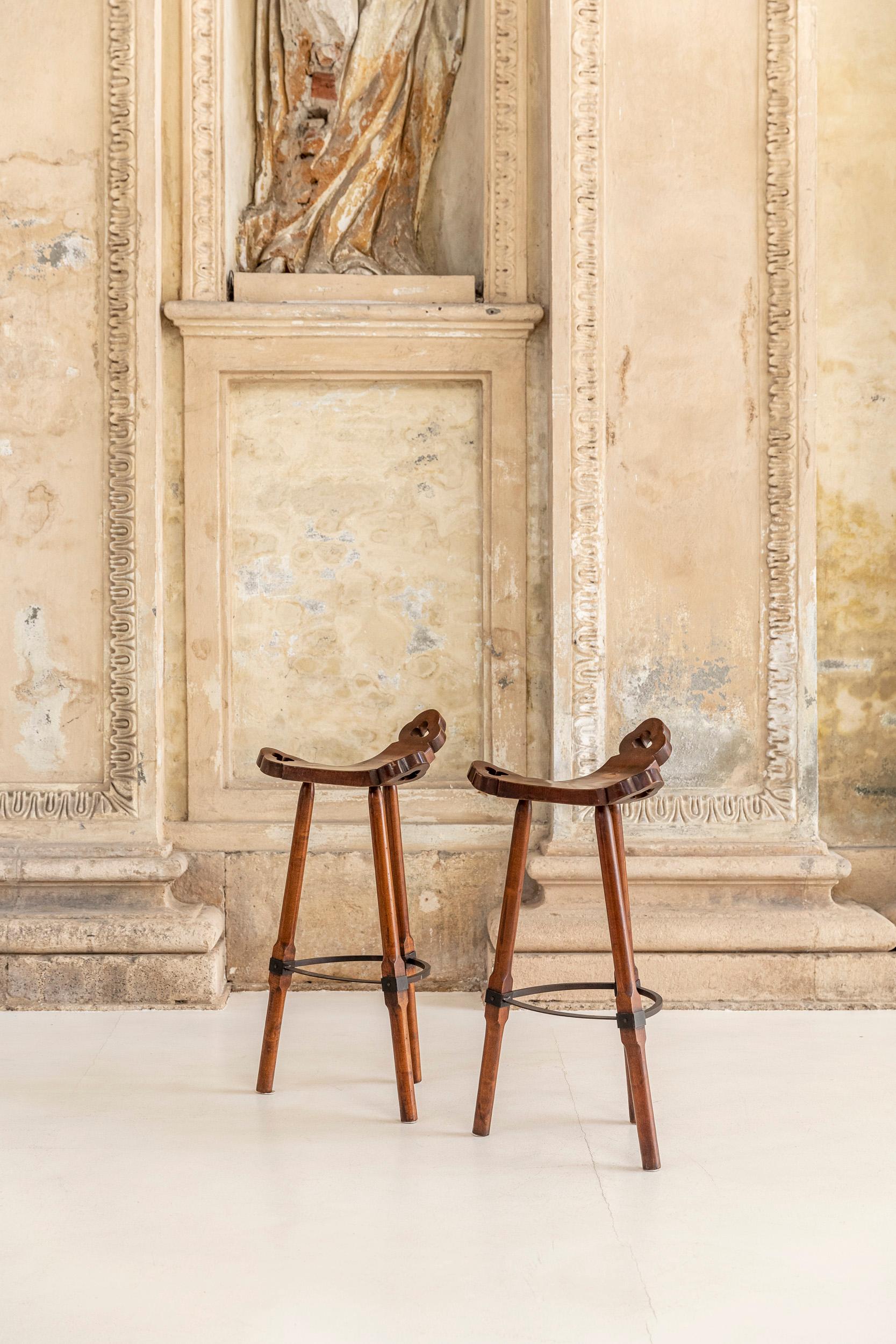 Mid-Century Modern Pair of Carved Wooden Stools