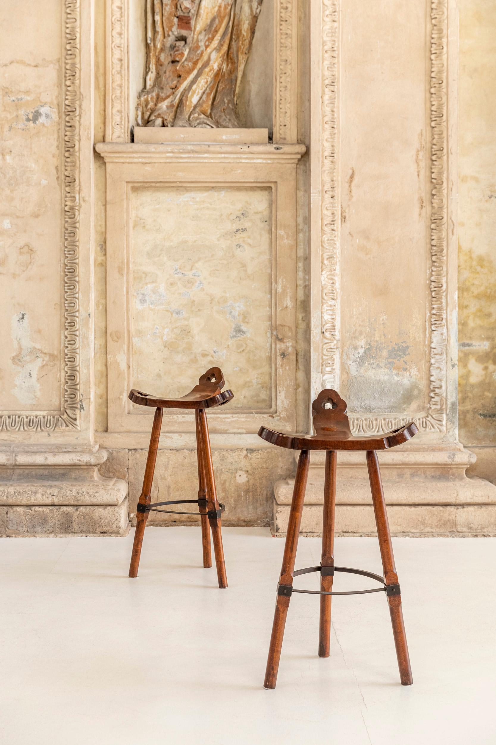 Italian Pair of Carved Wooden Stools