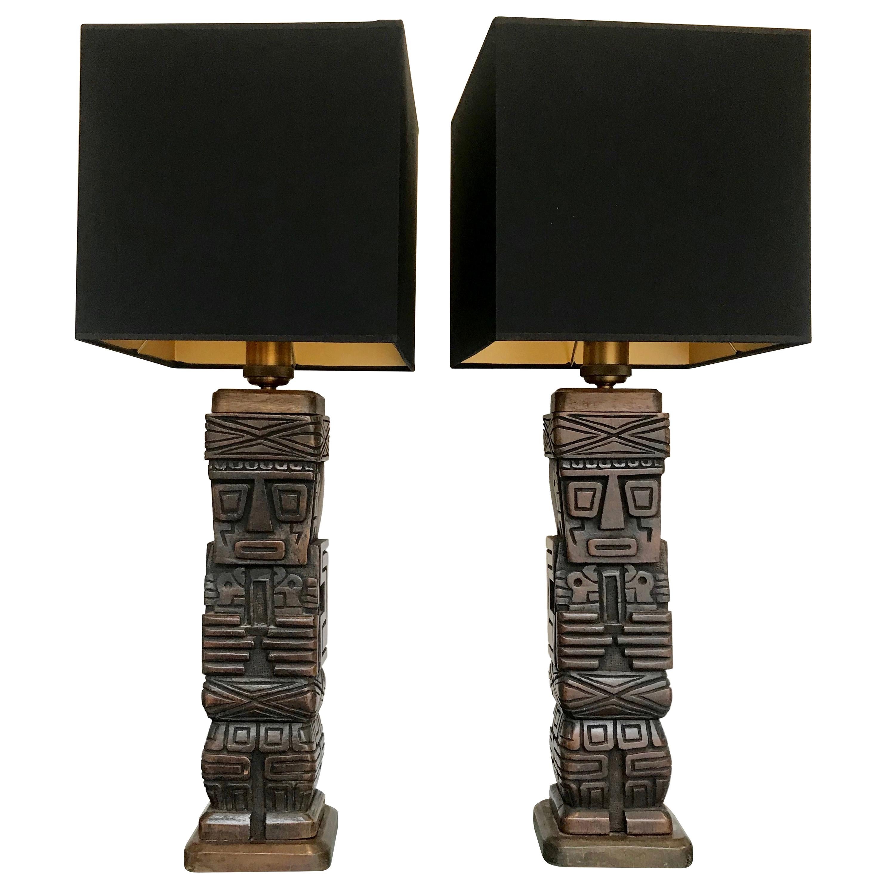 Pair of Carved Wooden Tiki Lamps