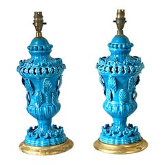 Pair of Casa Pupo Blue Glazed Ceramic Table Lamps, Spain