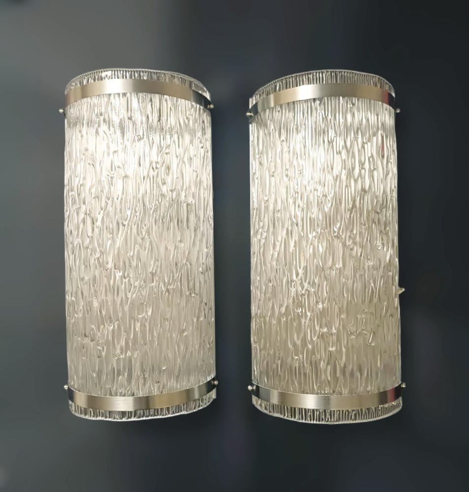 Italian wall lights or flush mounts with clear textured Murano glass shades mounted on satin nickel finish frames / Made in Italy
Height: 25 inches / Width: 12 inches / Depth: 6 inches 
4 lights / E26 or E27 type / max 60W each
Order Reference: