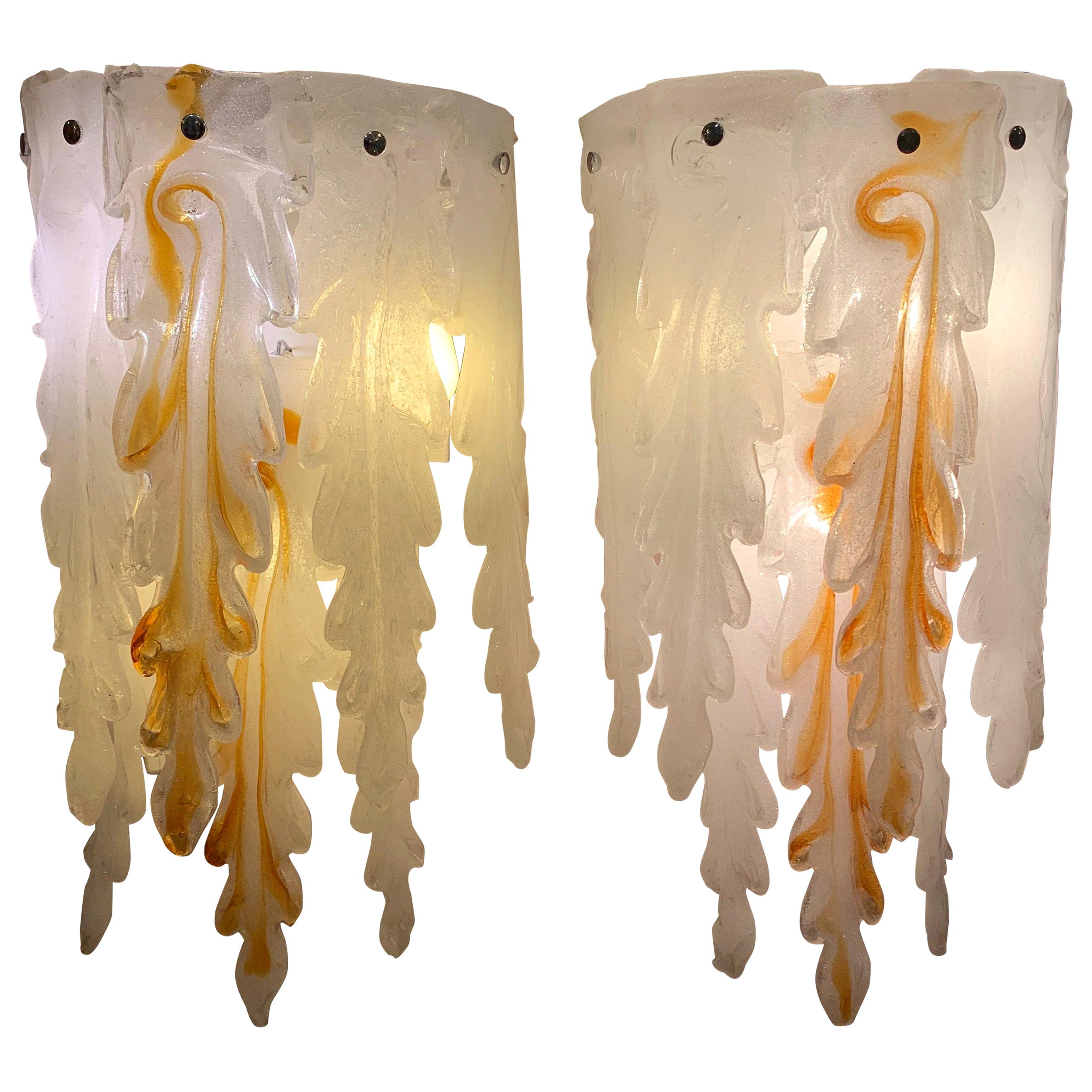 Pair of Cascade White and Amber Murano Glass Appliques, 1970s