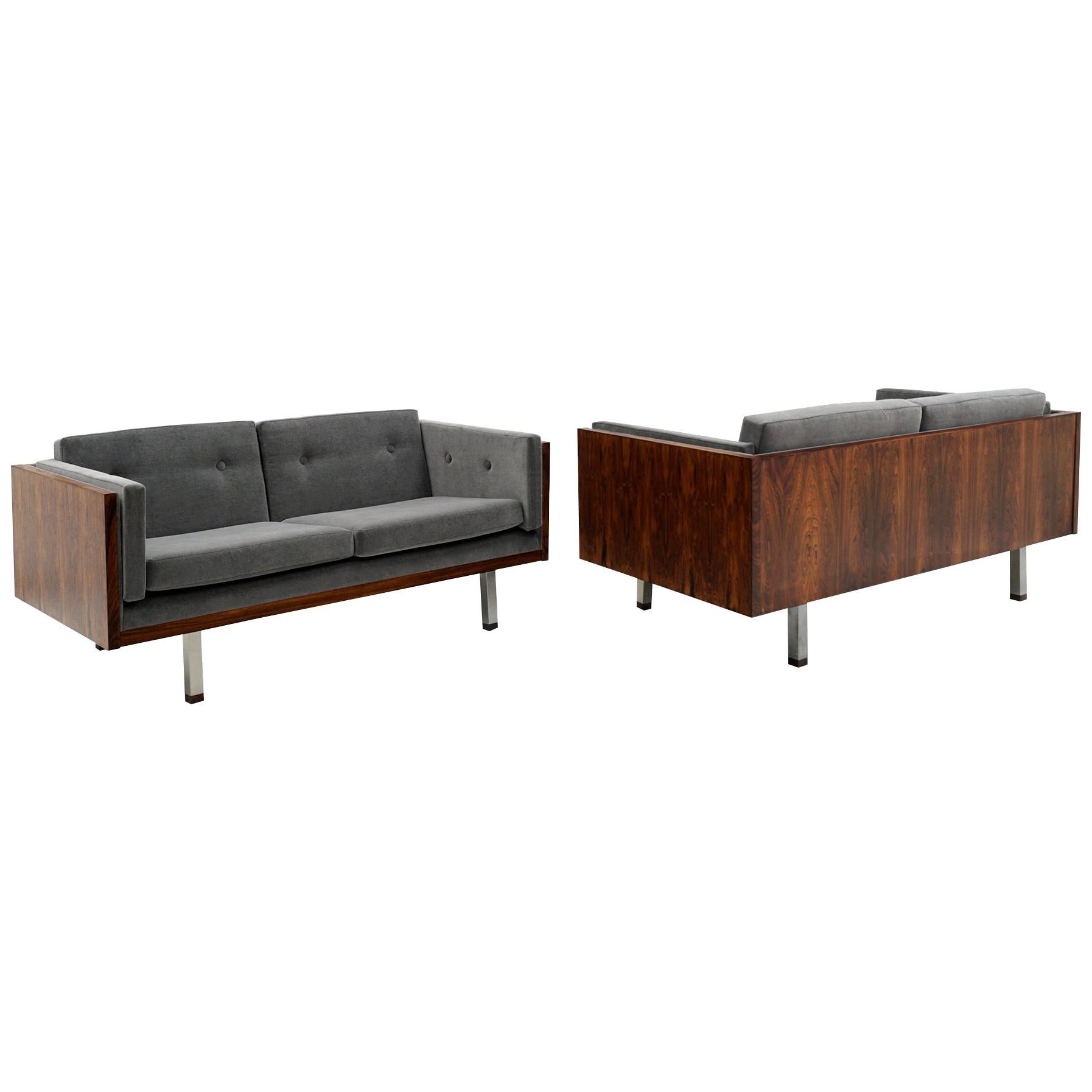 Pair of Case Settees or Loveseats by Jydsk Møbelværk, Rosewood and Gray Velvet