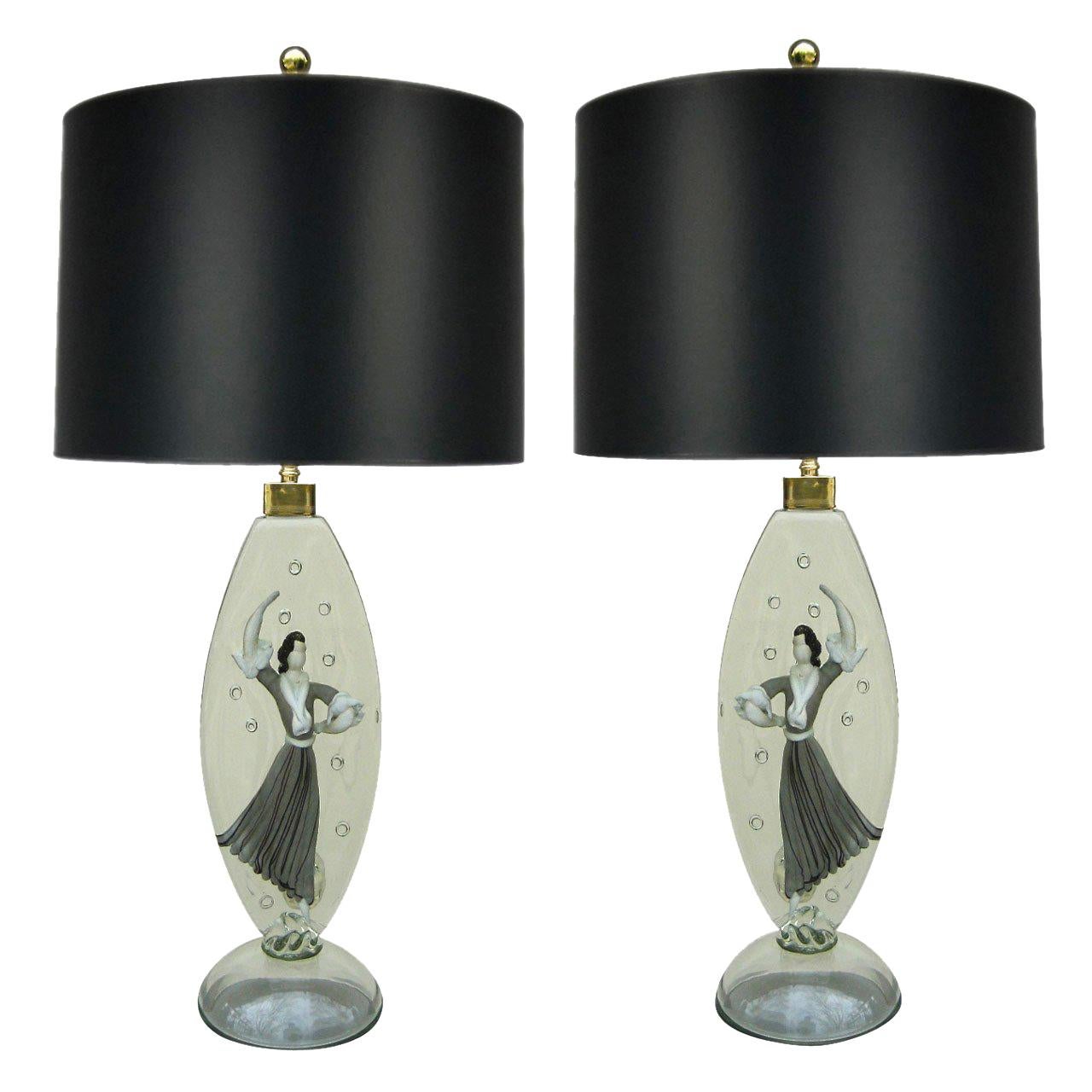 Pair of Cased Murano Glass Figural Lamps by Alfredo Barbini For Sale