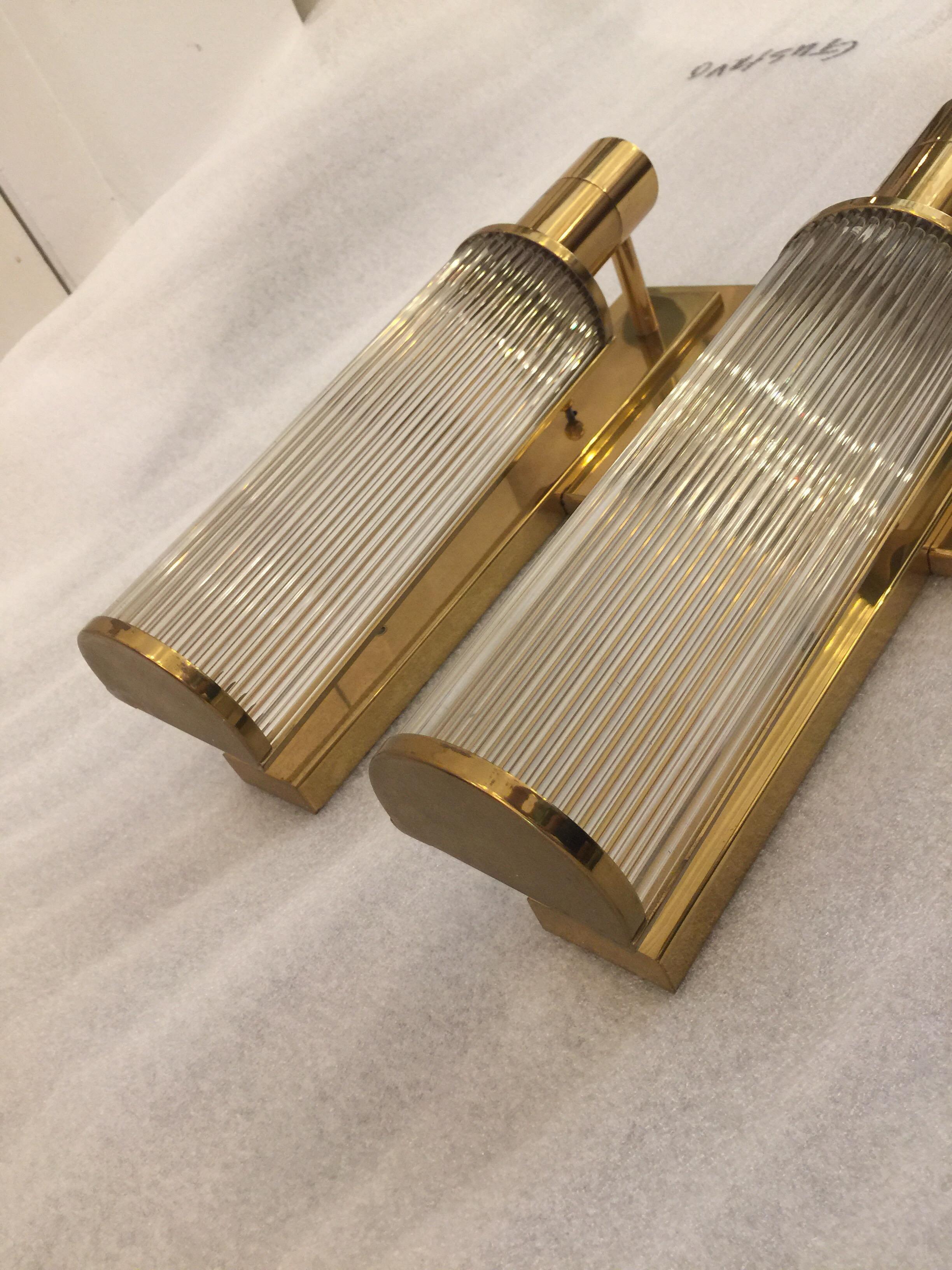 Art Deco Pair of Casella Brass and Glass Rod Wall Sconces