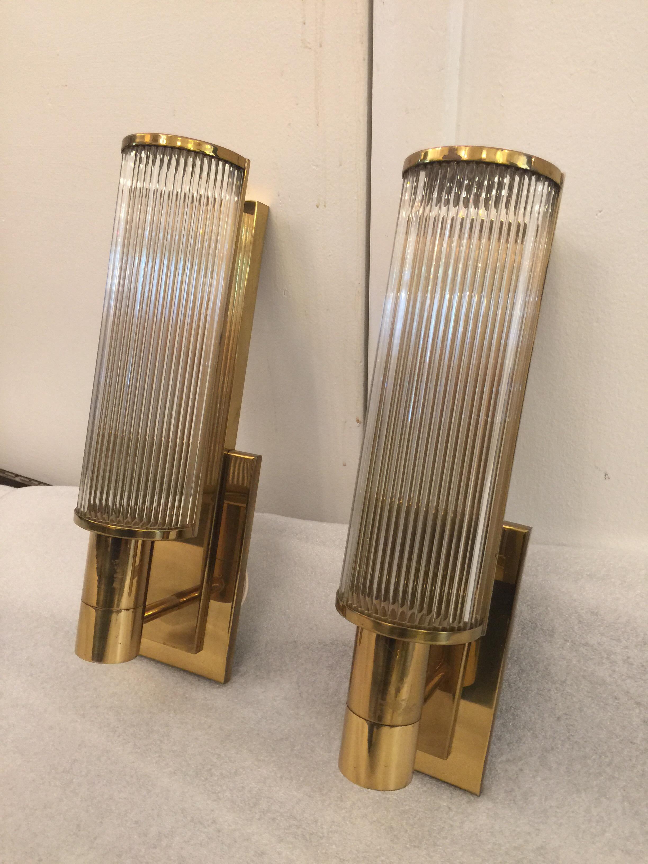 Late 20th Century Pair of Casella Brass and Glass Rod Wall Sconces