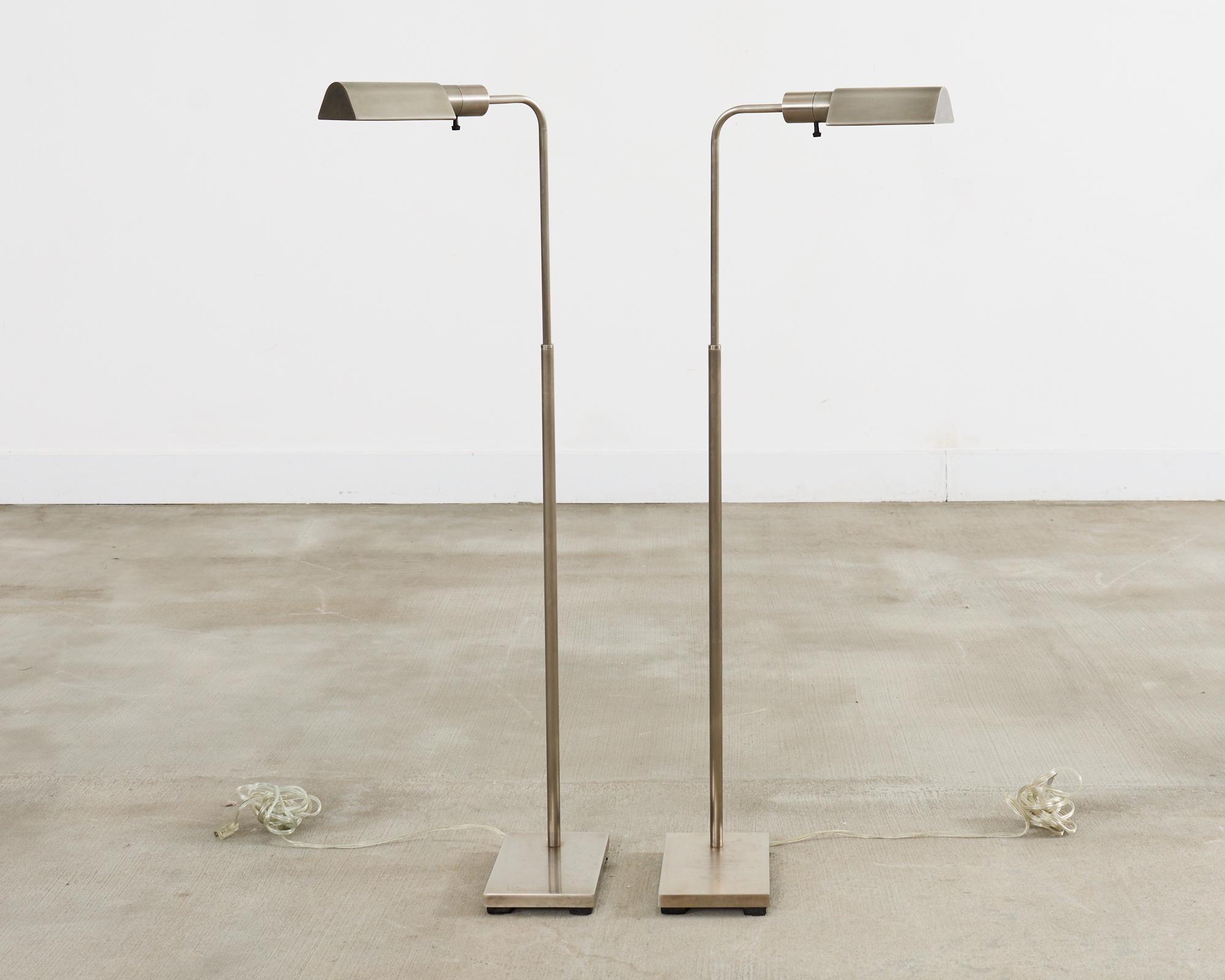 Mid-Century Modern Pair of Casella Satin Nickel Adjustable Pharmacy Floor Lamps