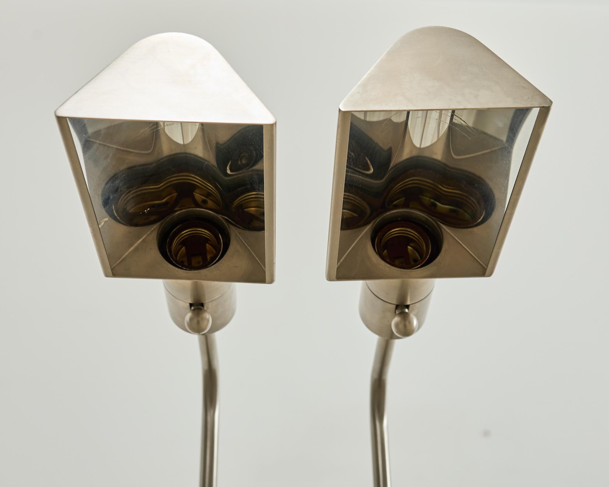 Pair of Casella Satin Nickel Adjustable Pharmacy Floor Lamps In Good Condition In Rio Vista, CA