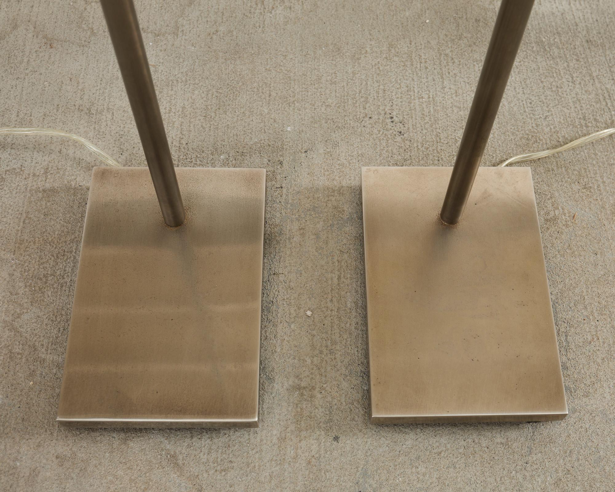 Pair of Casella Satin Nickel Adjustable Pharmacy Floor Lamps In Good Condition In Rio Vista, CA