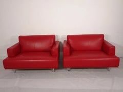 Pair of Cassina "Nest" Lounge Chairs in Red Pelle Leather, Italy, Modern Design