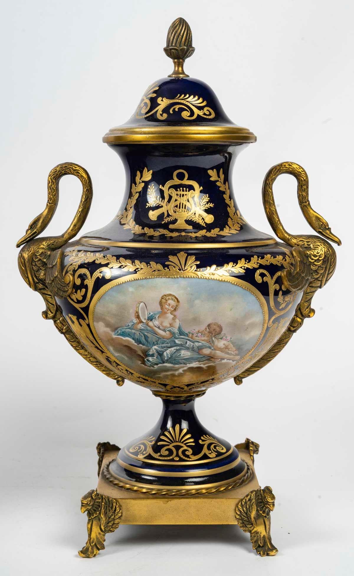 French Pair of Cassolettes, Covered Vases in Porcelain and Bronze, Napoleon III Style. For Sale