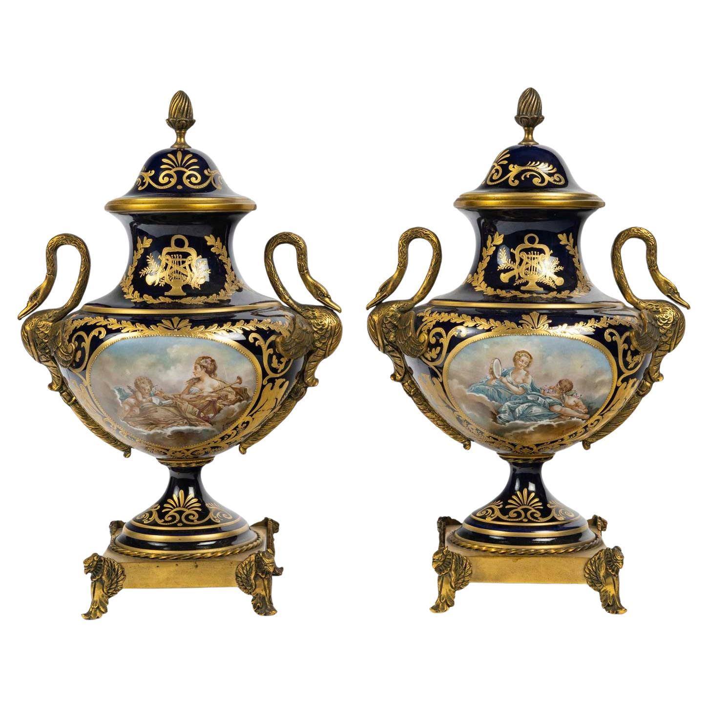 Pair of Cassolettes, Covered Vases in Porcelain and Bronze, Napoleon III Style.