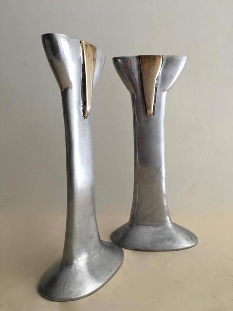 Modern Pair of Cast Aluminium and Brass Candlesticks by David Marshall, Spain