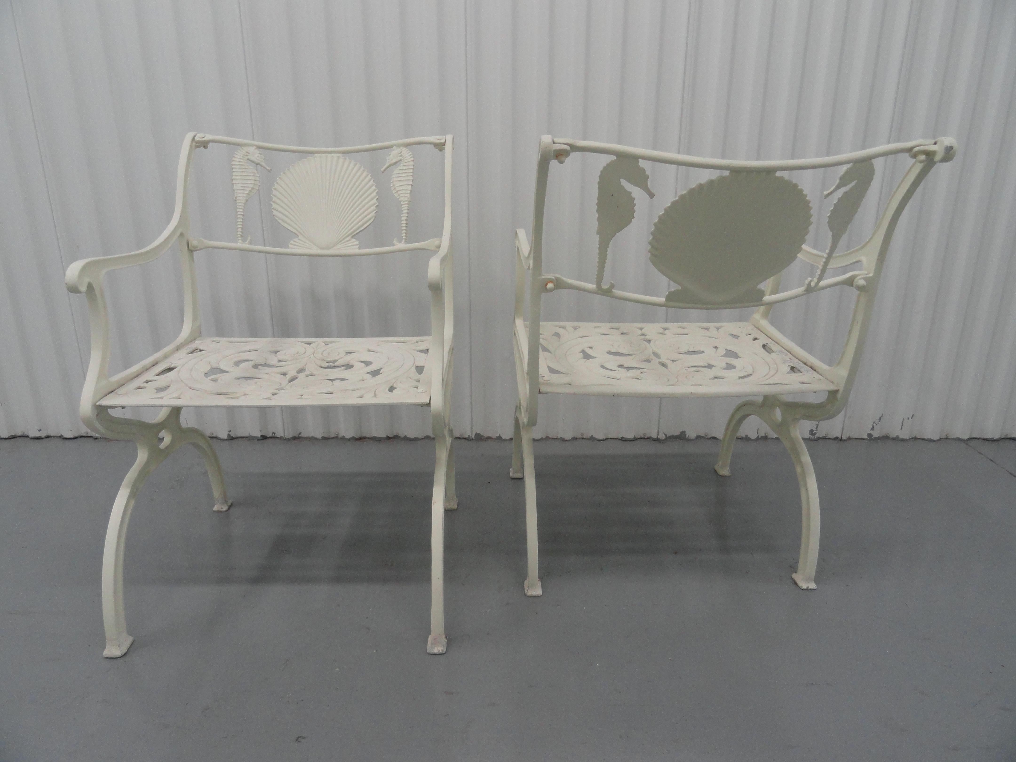 American Pair of Cast Aluminum Garden Chairs with Seahorse and Shell Motif, Molla, 1950s For Sale