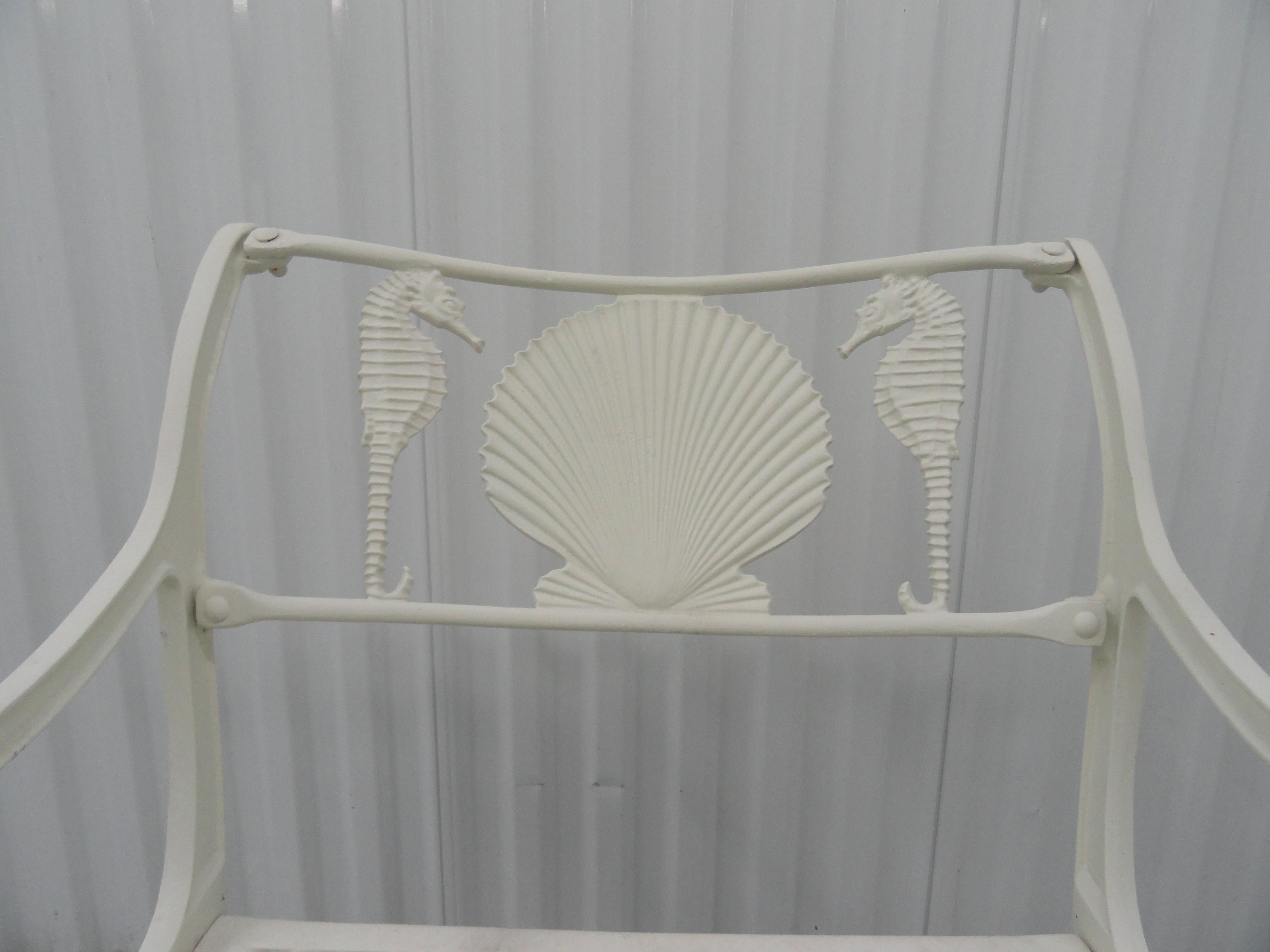 Pair of Cast Aluminum Garden Chairs with Seahorse and Shell Motif, Molla, 1950s In Good Condition For Sale In West Palm Beach, FL