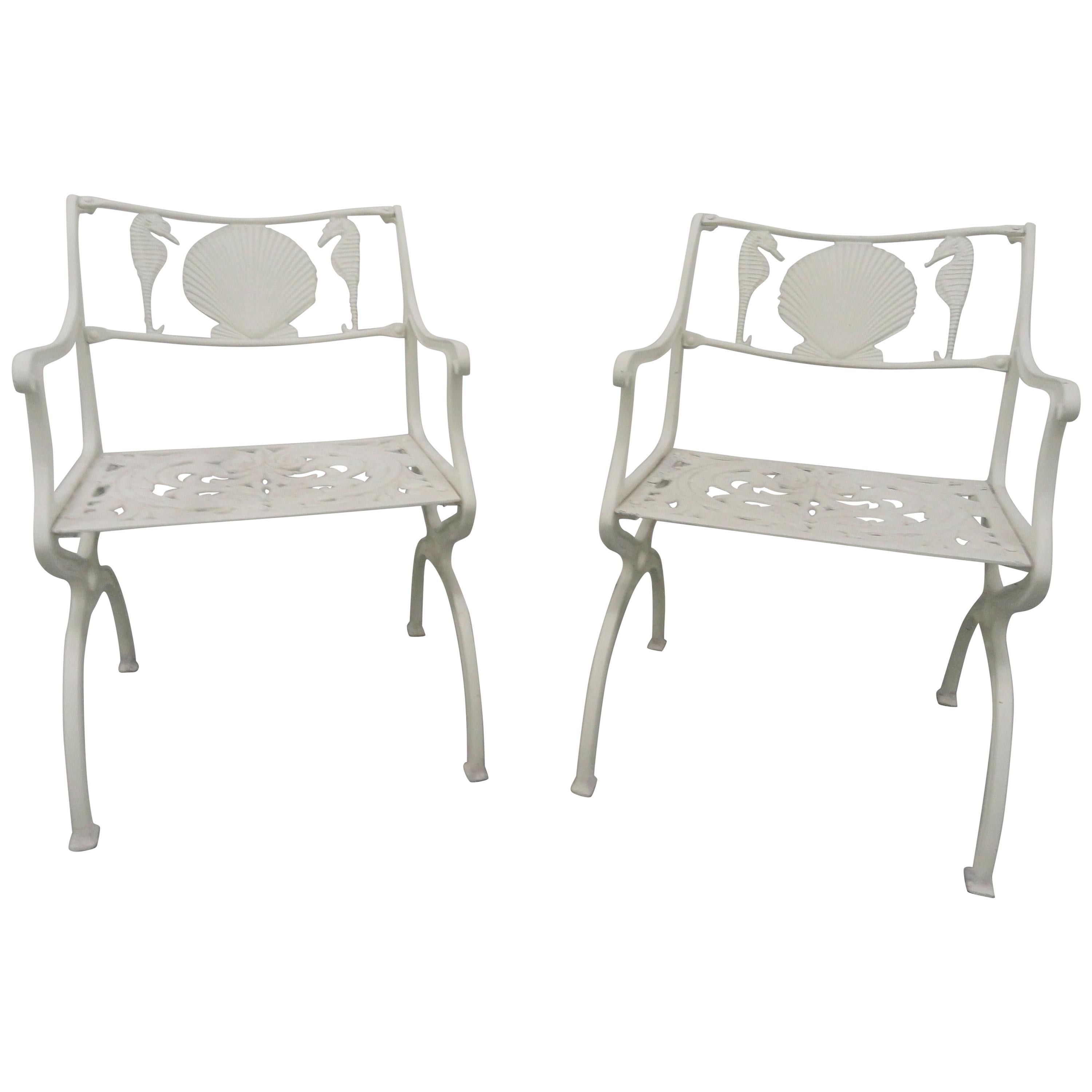 Pair of Cast Aluminum Garden Chairs with Seahorse and Shell Motif, Molla, 1950s For Sale
