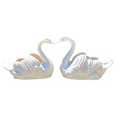 Pair of Cast Aluminum White Garden Planter Swans