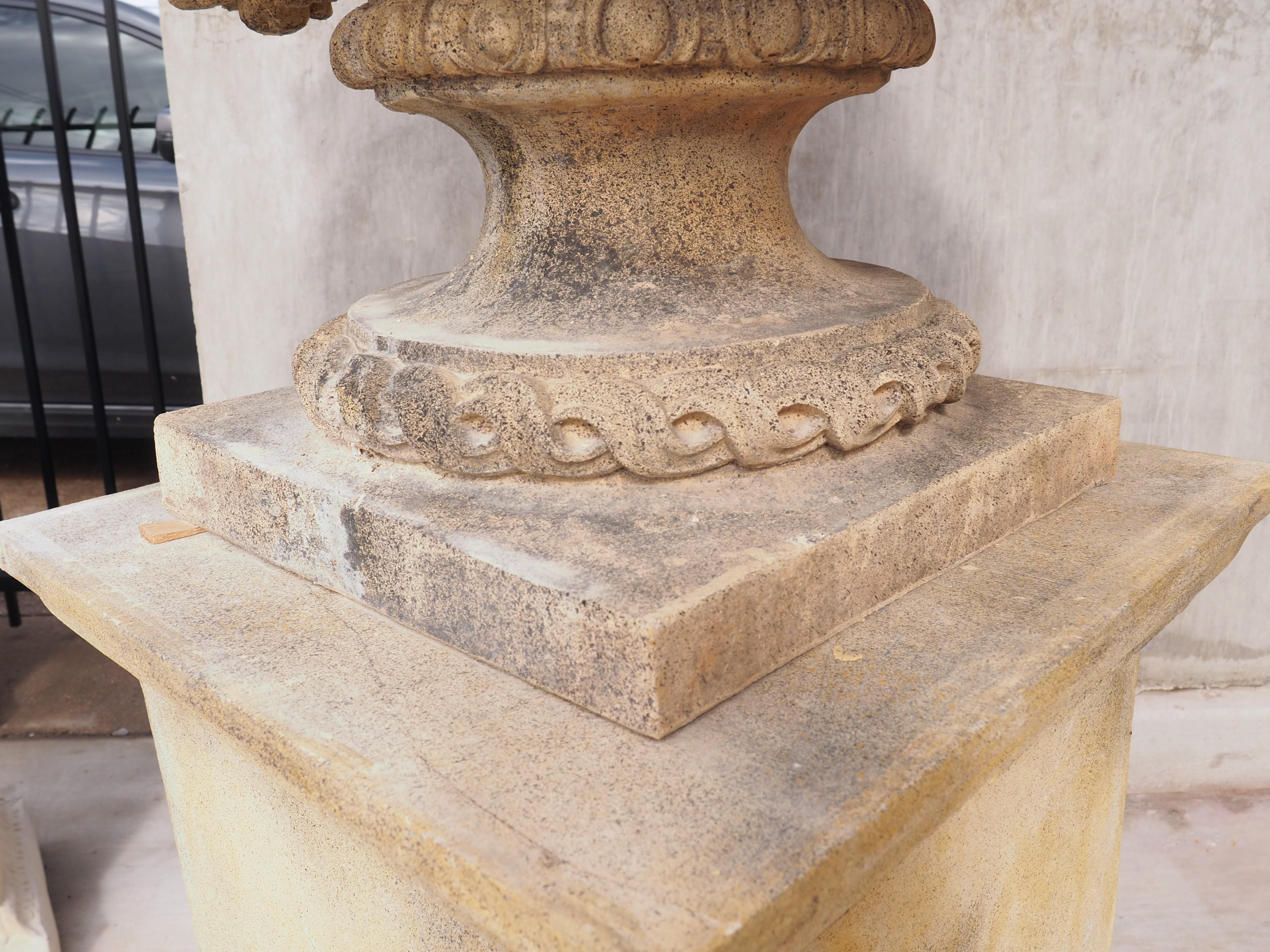 Pair of Cast and Patinated Stone French Lion Vases on 3-Piece Plinths 6