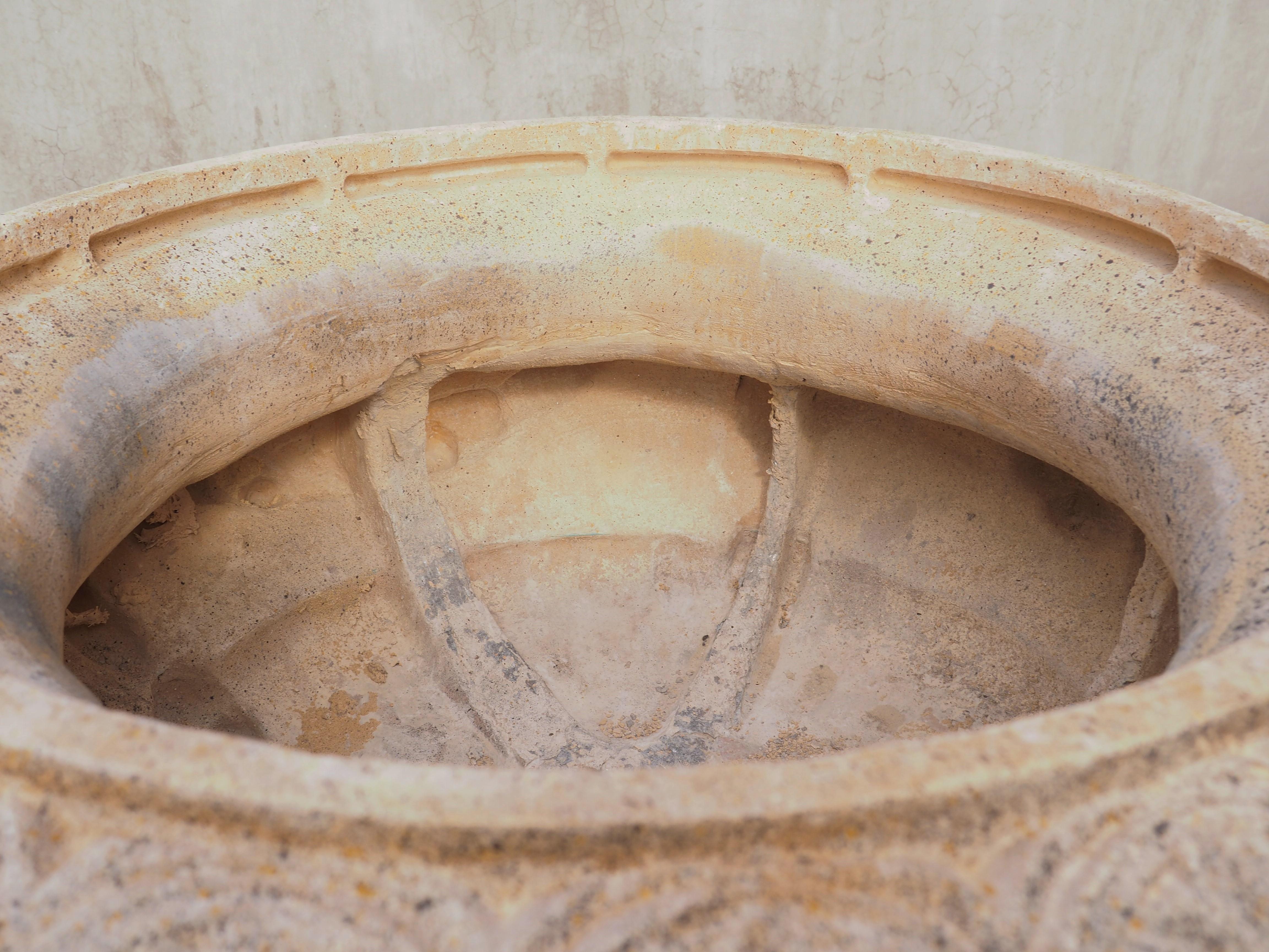 Pair of Cast and Patinated Stone French Lion Vases on 3-Piece Plinths 7