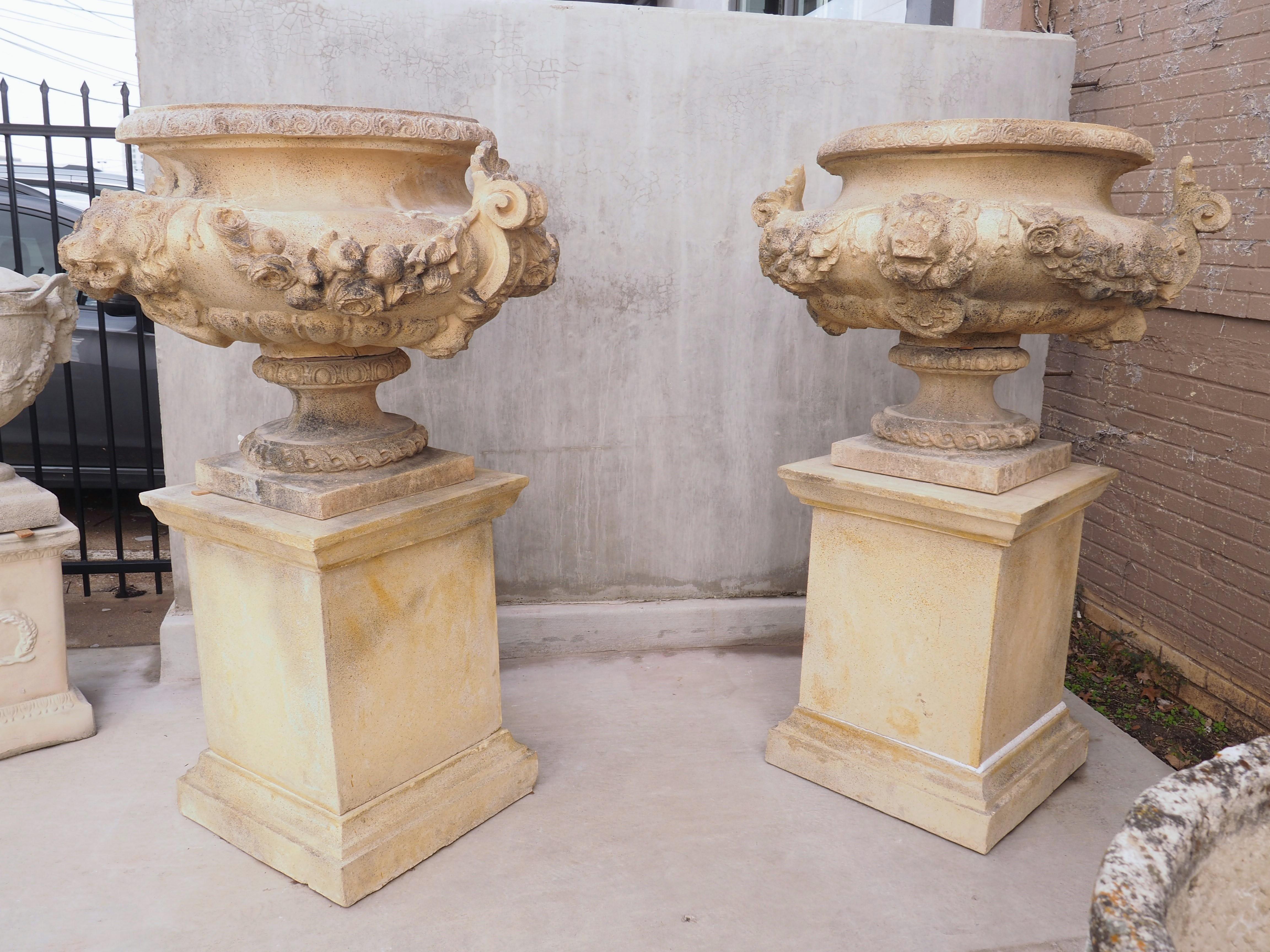 Pair of Cast and Patinated Stone French Lion Vases on 3-Piece Plinths 8