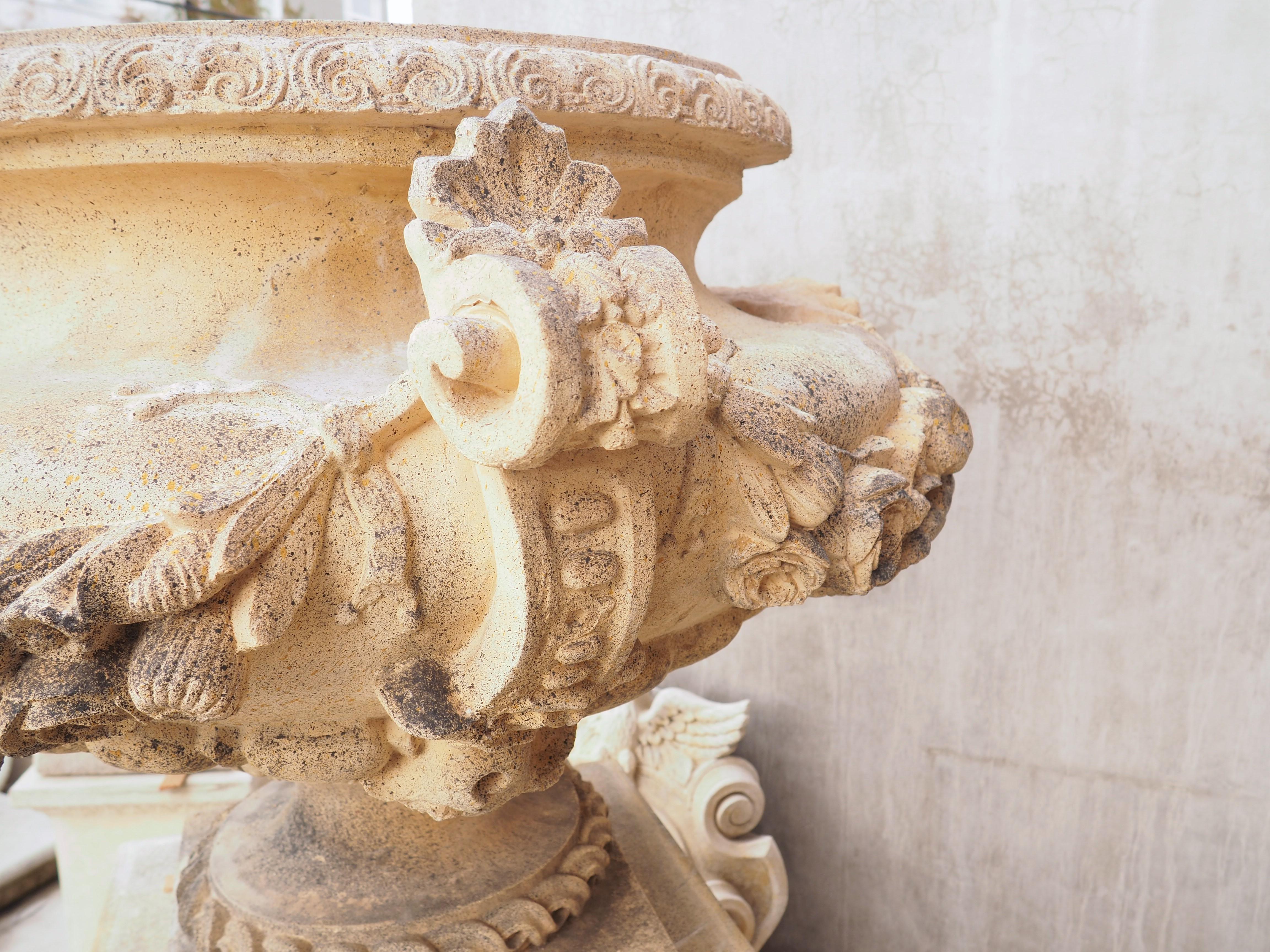 Pair of Cast and Patinated Stone French Lion Vases on 3-Piece Plinths 9