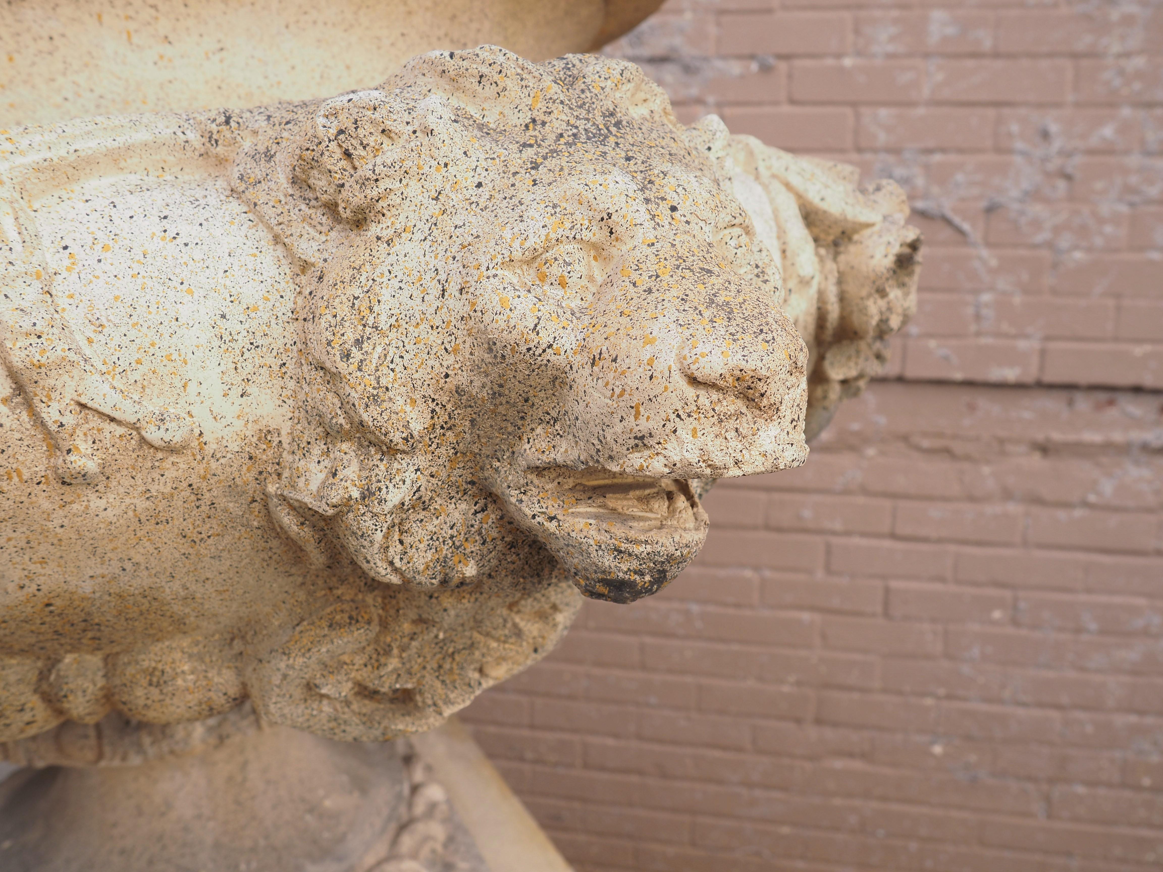Pair of Cast and Patinated Stone French Lion Vases on 3-Piece Plinths 10