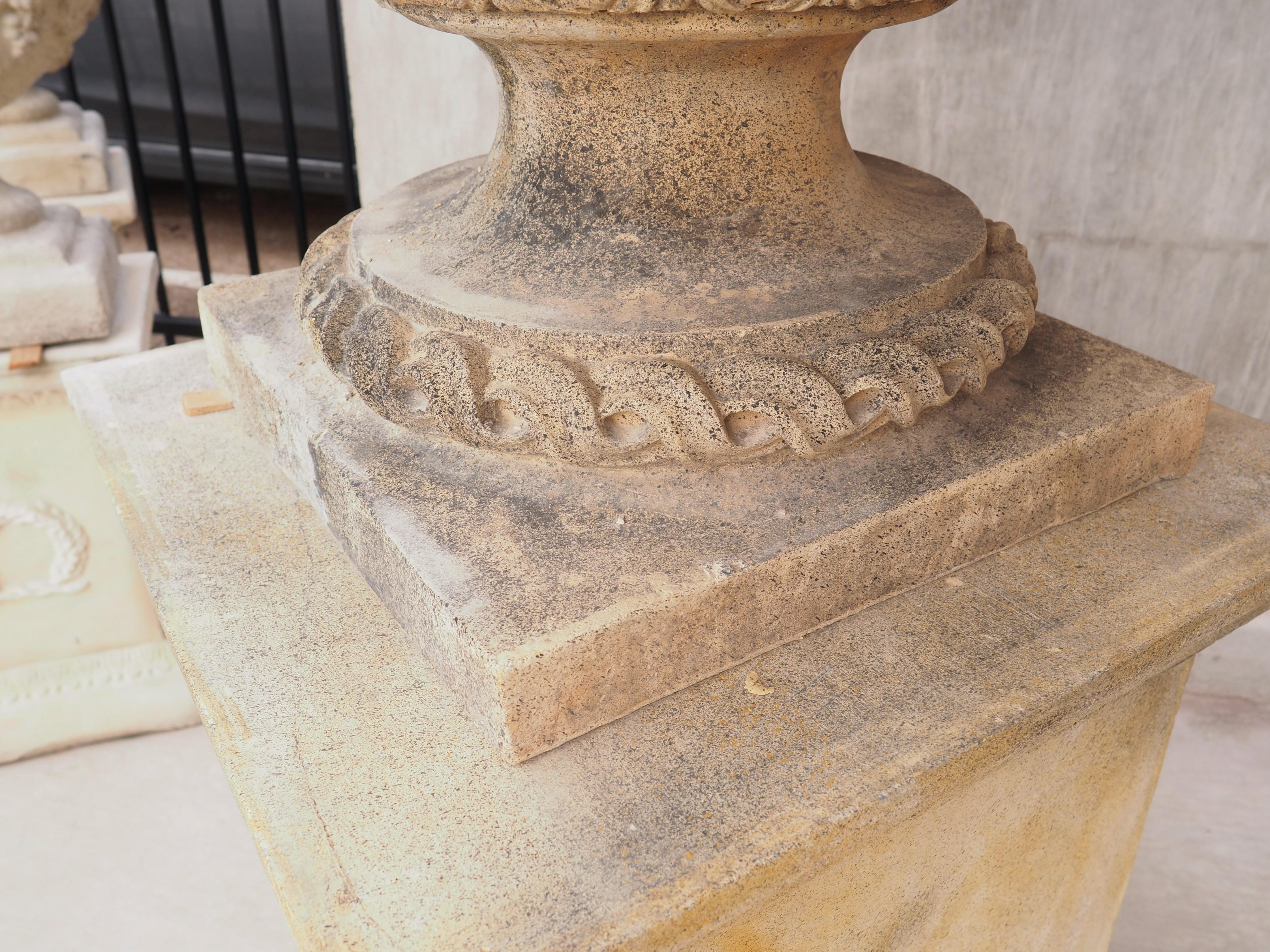 Pair of Cast and Patinated Stone French Lion Vases on 3-Piece Plinths 11