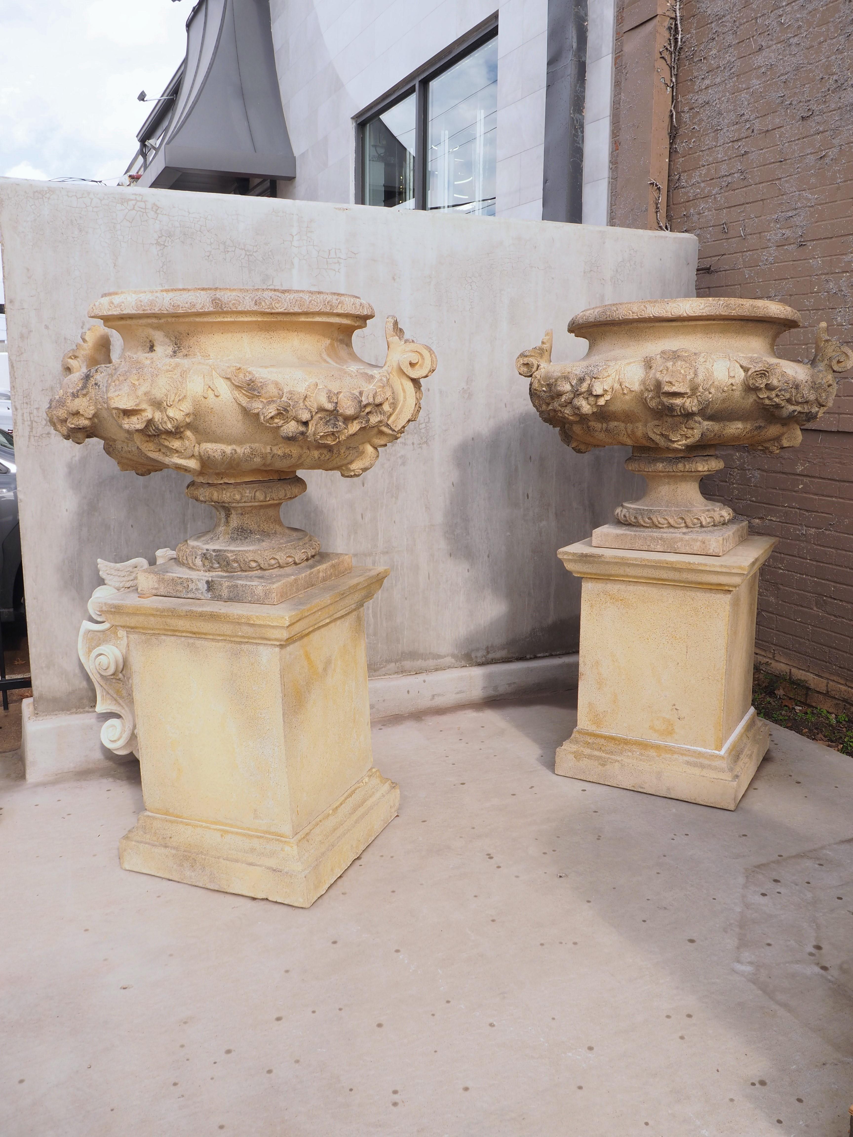 Pair of Cast and Patinated Stone French Lion Vases on 3-Piece Plinths 12