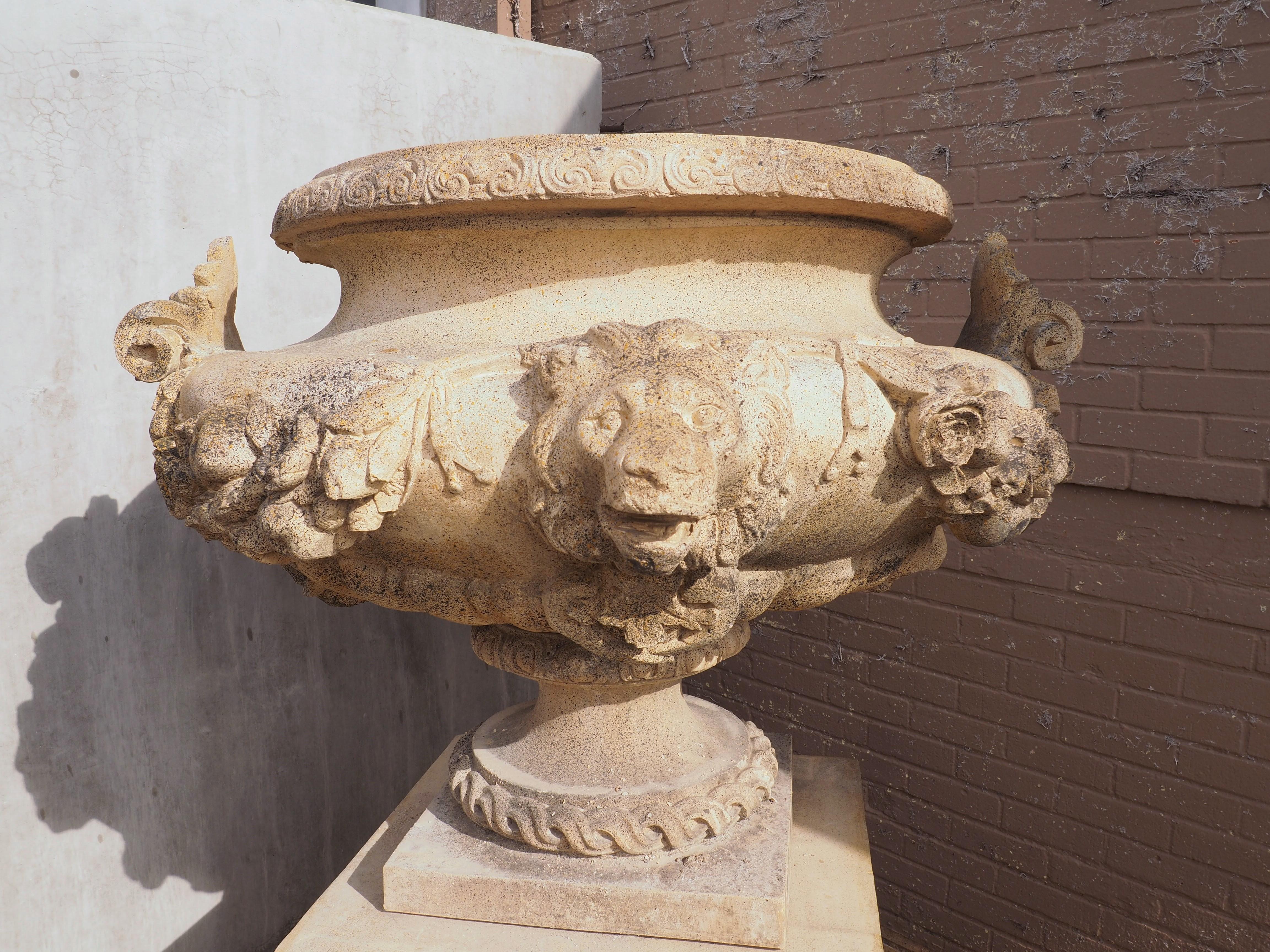 Contemporary Pair of Cast and Patinated Stone French Lion Vases on 3-Piece Plinths