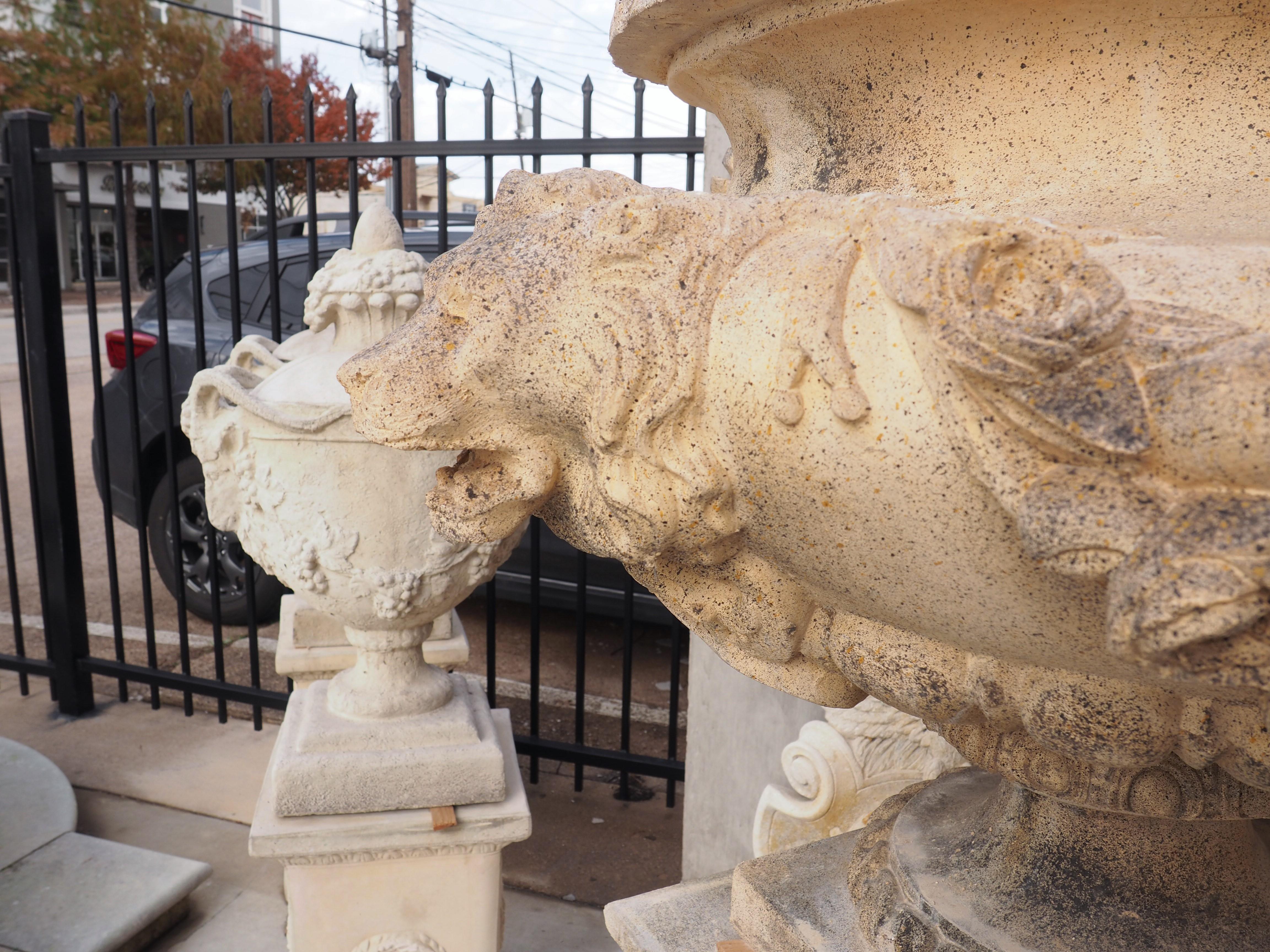 Pair of Cast and Patinated Stone French Lion Vases on 3-Piece Plinths 2