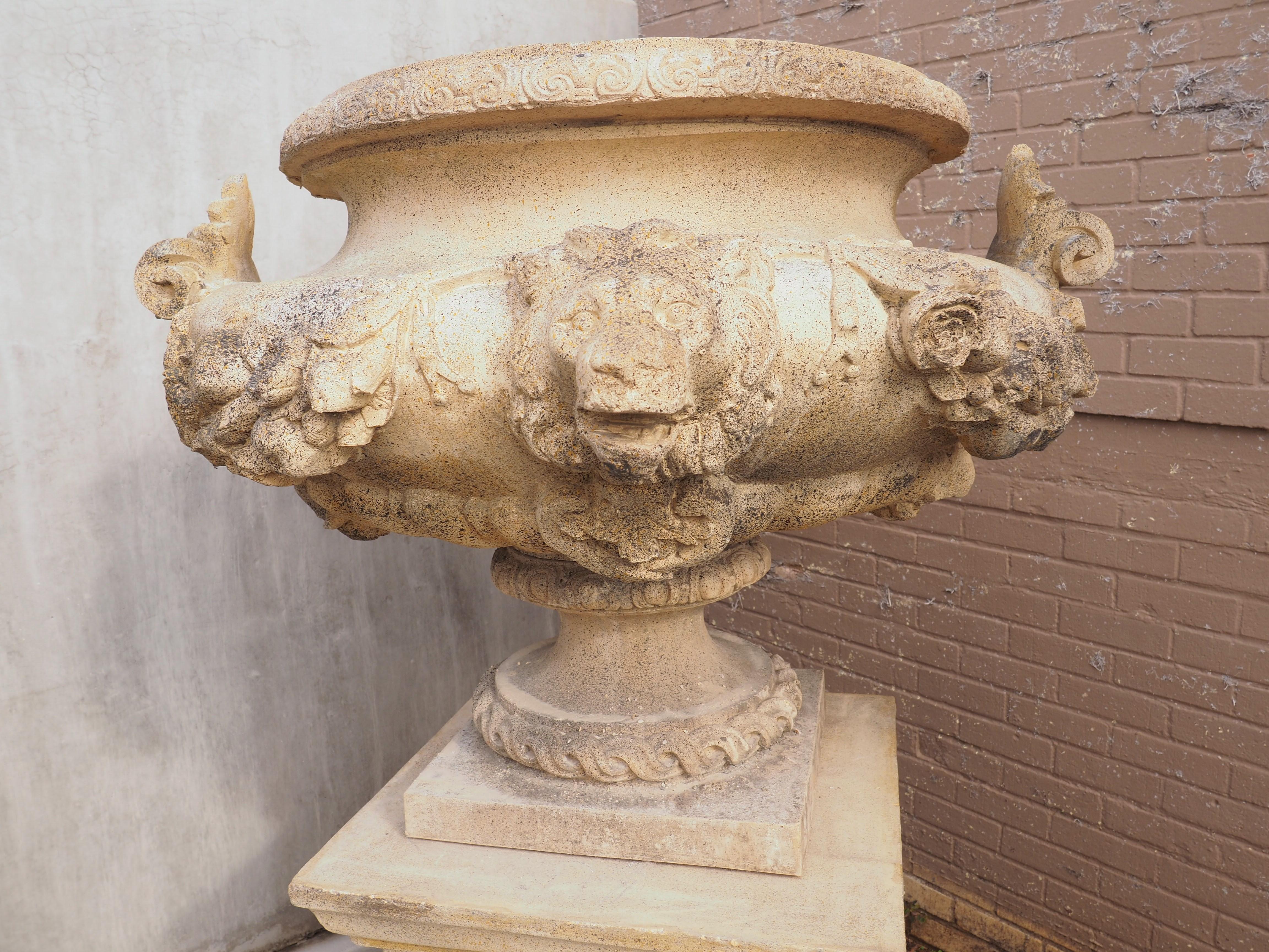Pair of Cast and Patinated Stone French Lion Vases on 3-Piece Plinths 3