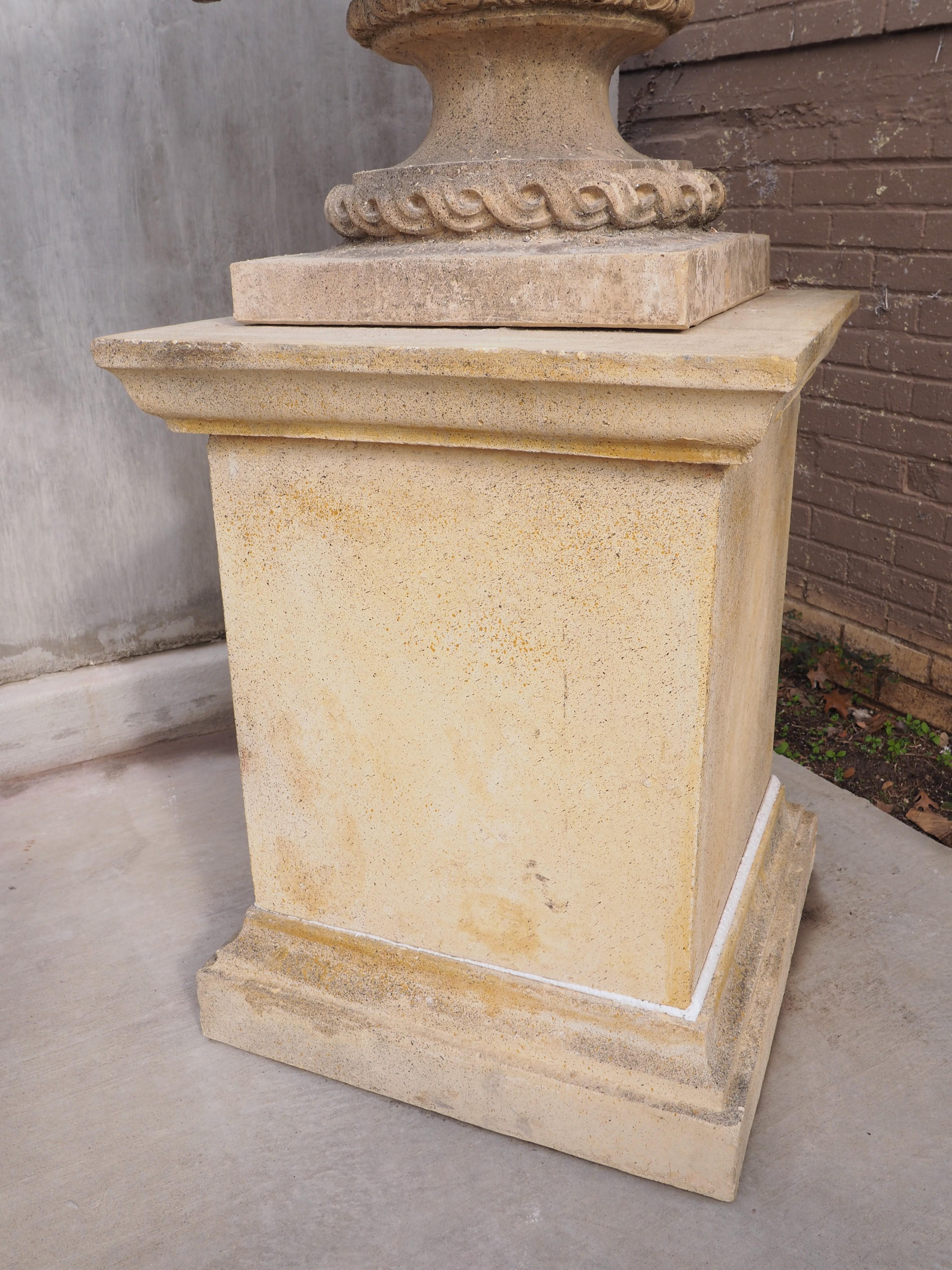 Pair of Cast and Patinated Stone French Lion Vases on 3-Piece Plinths 4