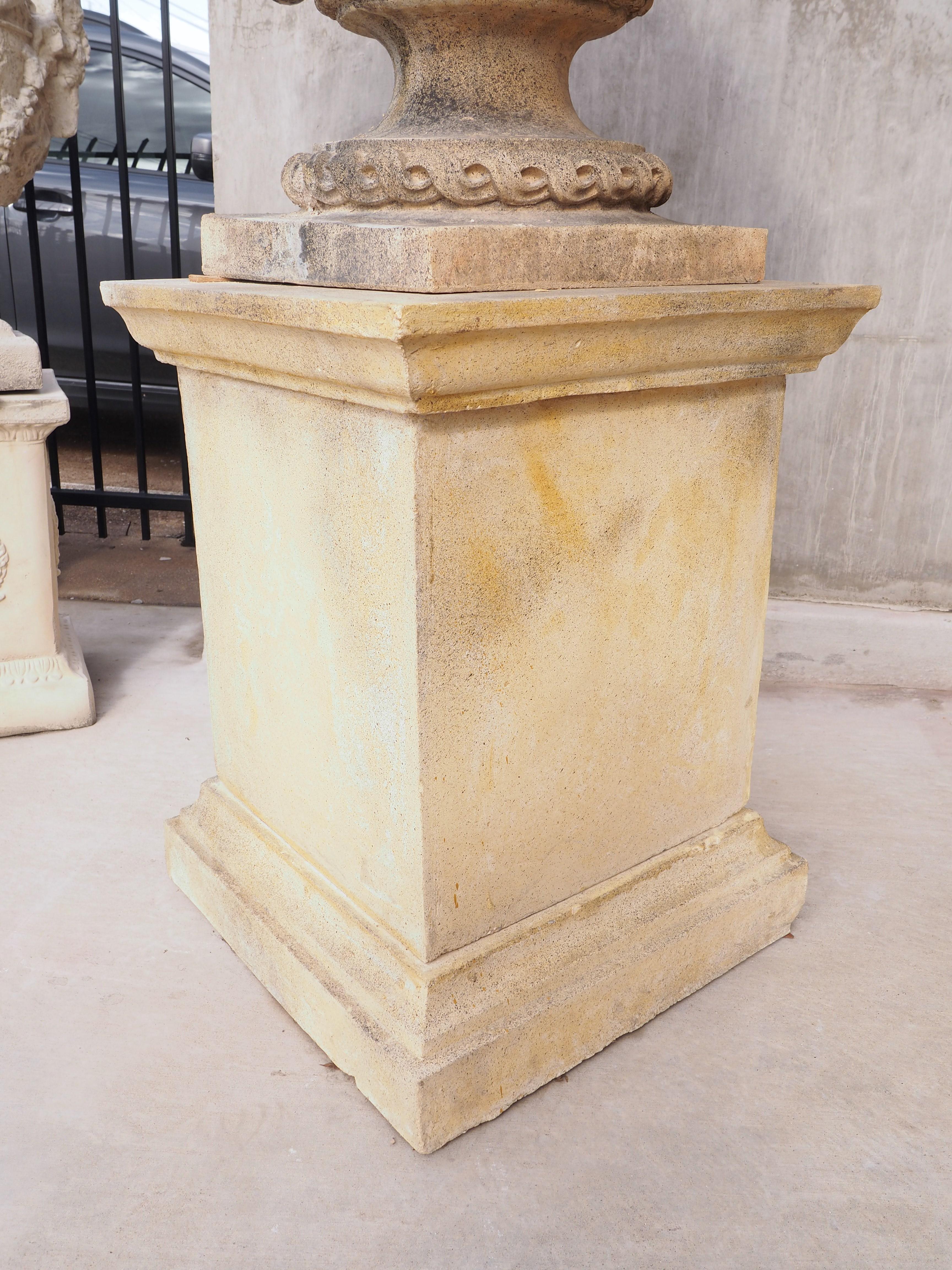 Pair of Cast and Patinated Stone French Lion Vases on 3-Piece Plinths 5