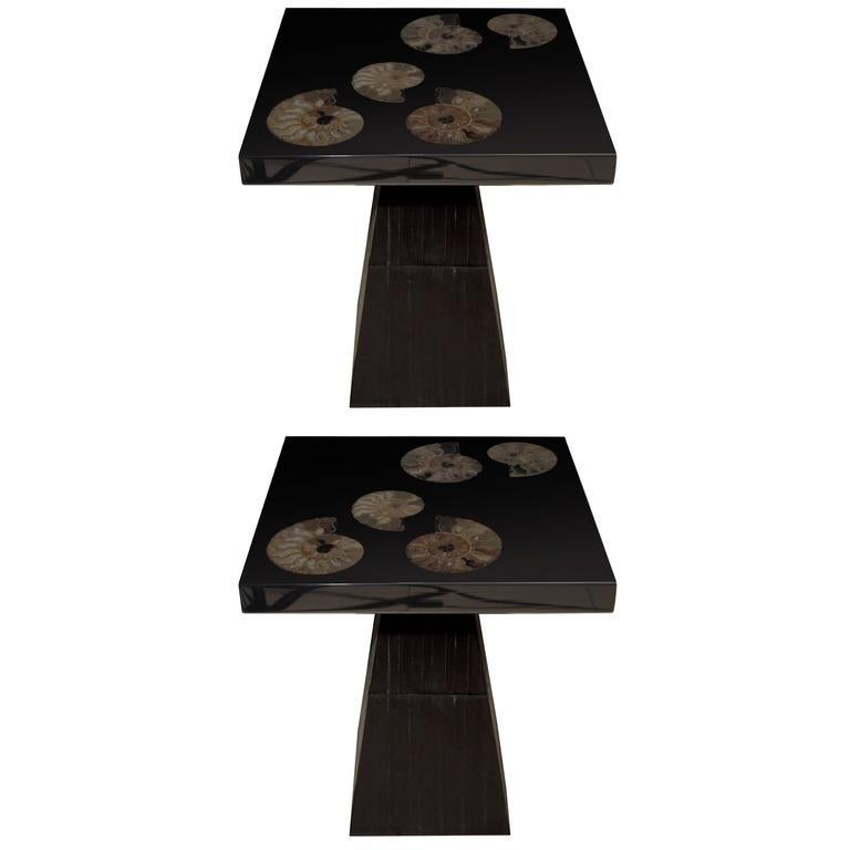 American Pair of Cast Black Resin and Ammonite Side Tables by Michael Laut For Sale