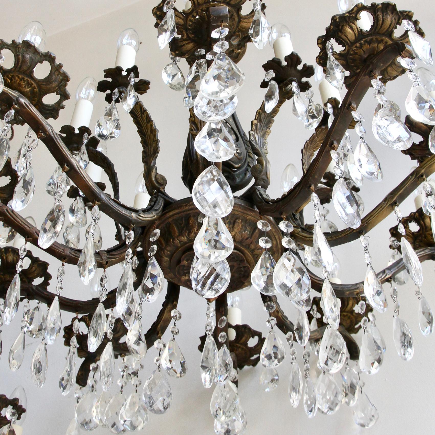 French Pair of Cast Brass and Crystal Chandeliers