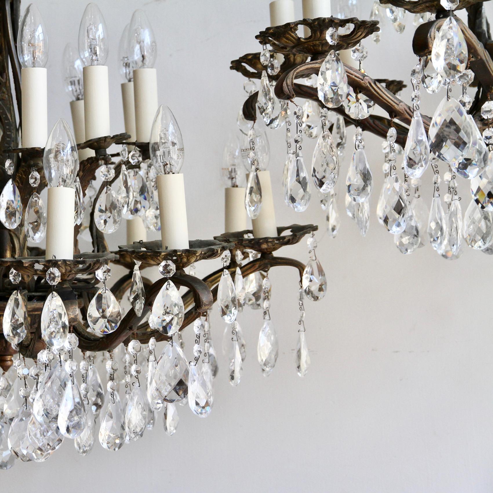 20th Century Pair of Cast Brass and Crystal Chandeliers