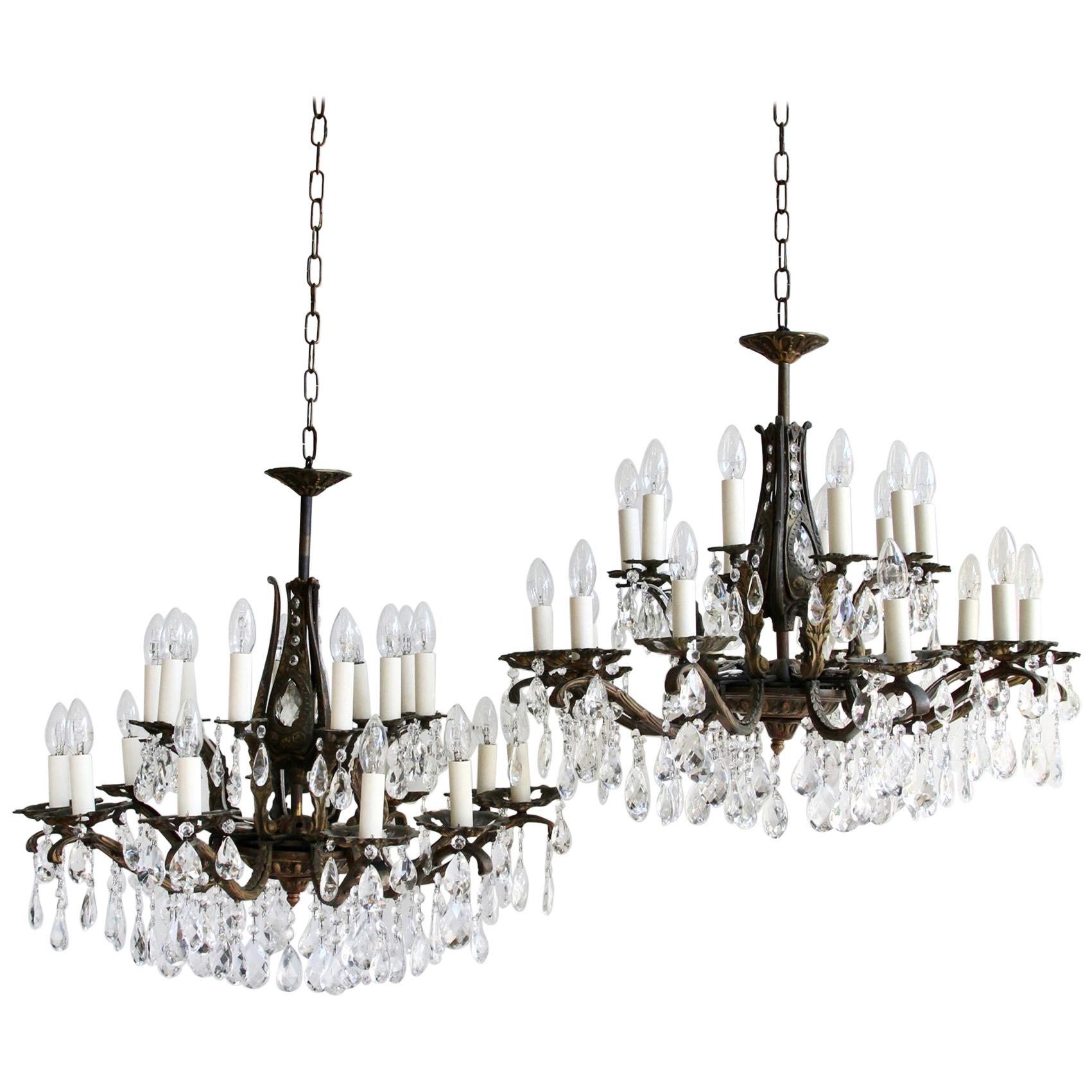 Pair of Cast Brass and Crystal Chandeliers