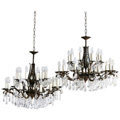 Pair of Cast Brass and Crystal Chandeliers
