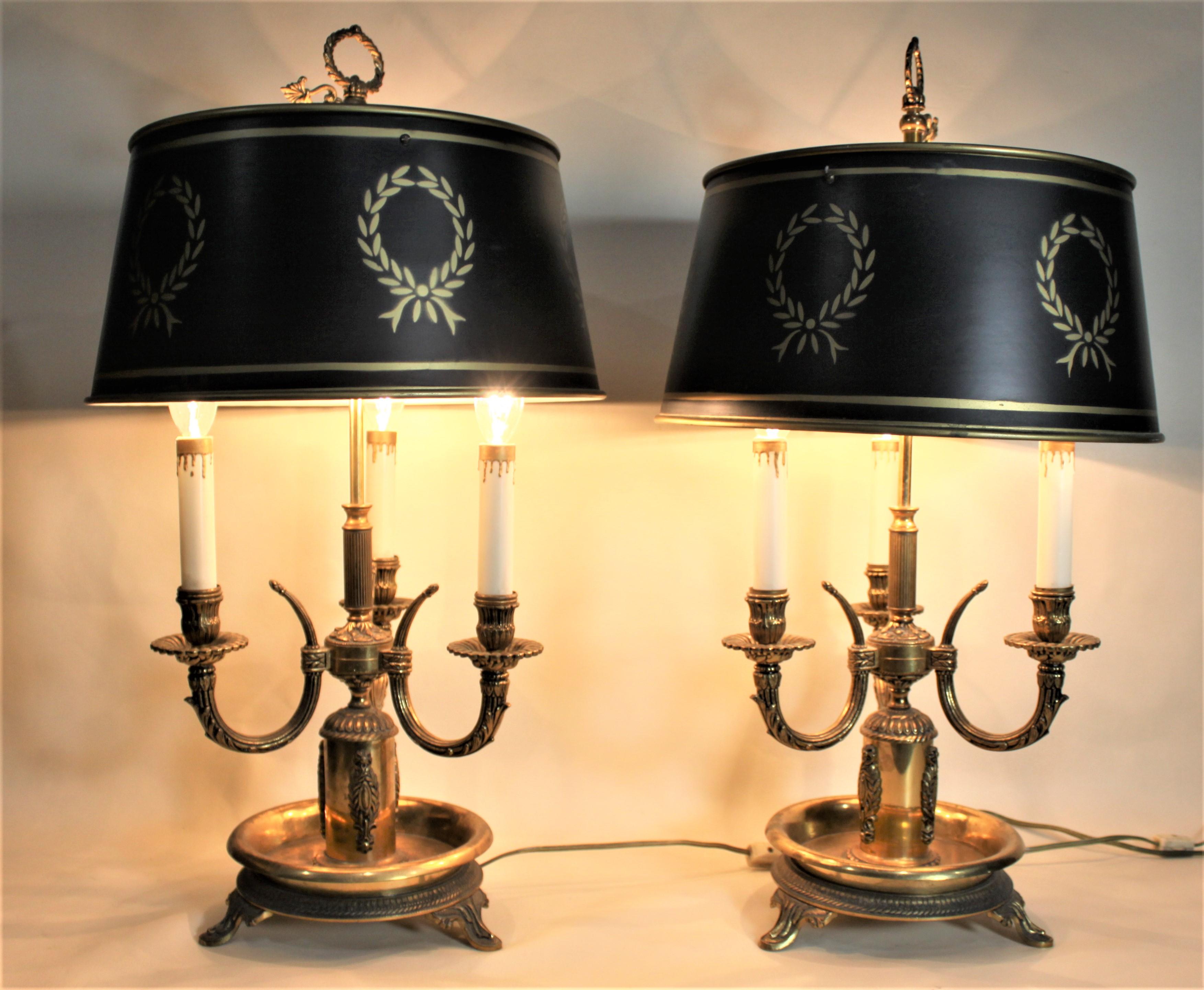 French Provincial Pair of Cast Brass French Tole Painted Bouillotte Styled Library or Table Lamps