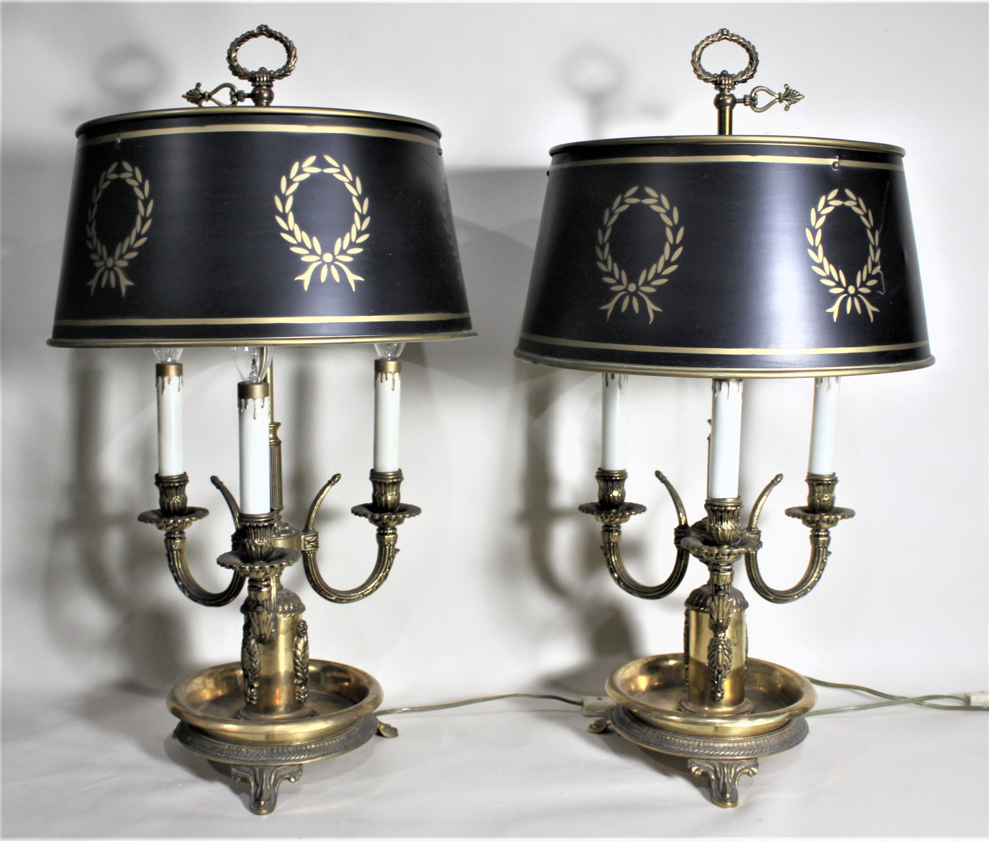 American Pair of Cast Brass French Tole Painted Bouillotte Styled Library or Table Lamps