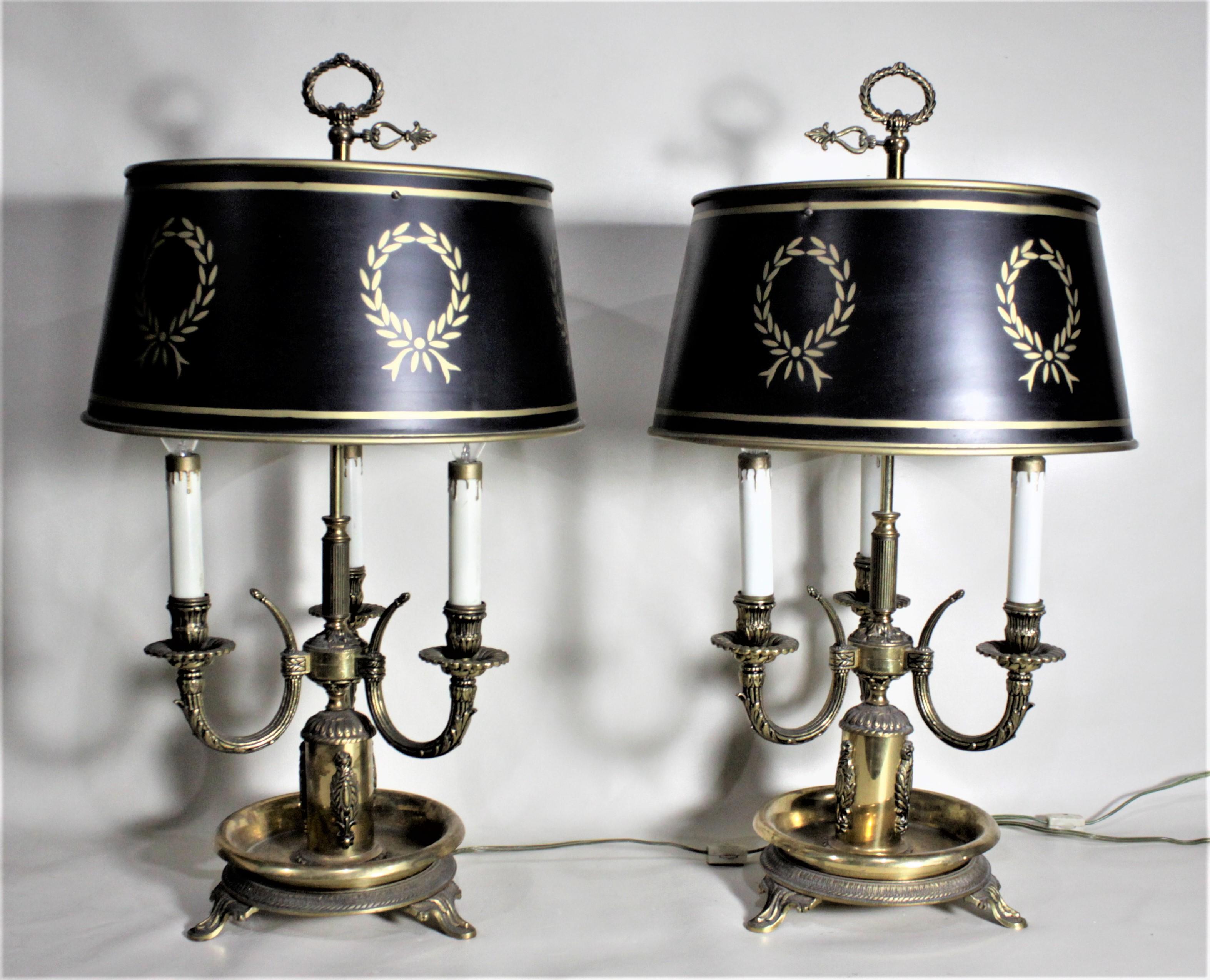 20th Century Pair of Cast Brass French Tole Painted Bouillotte Styled Library or Table Lamps