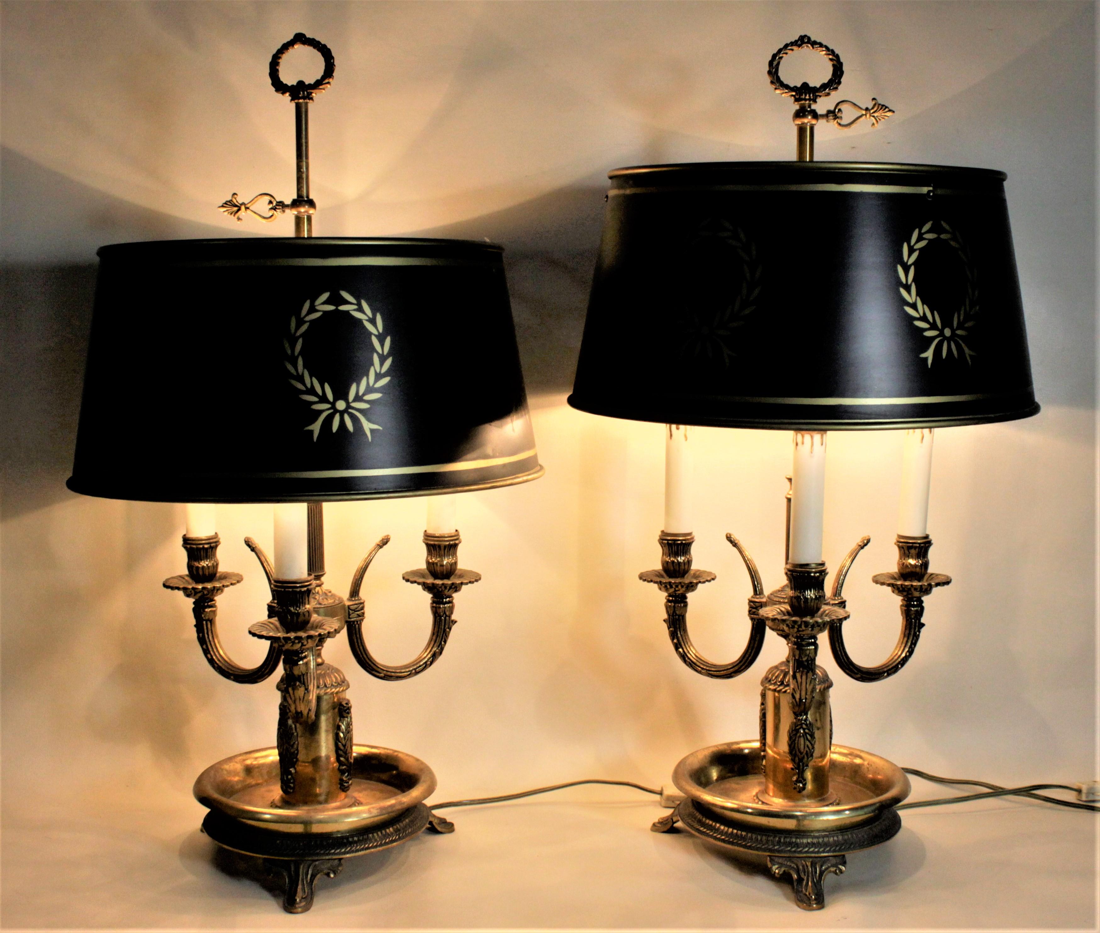 Metal Pair of Cast Brass French Tole Painted Bouillotte Styled Library or Table Lamps