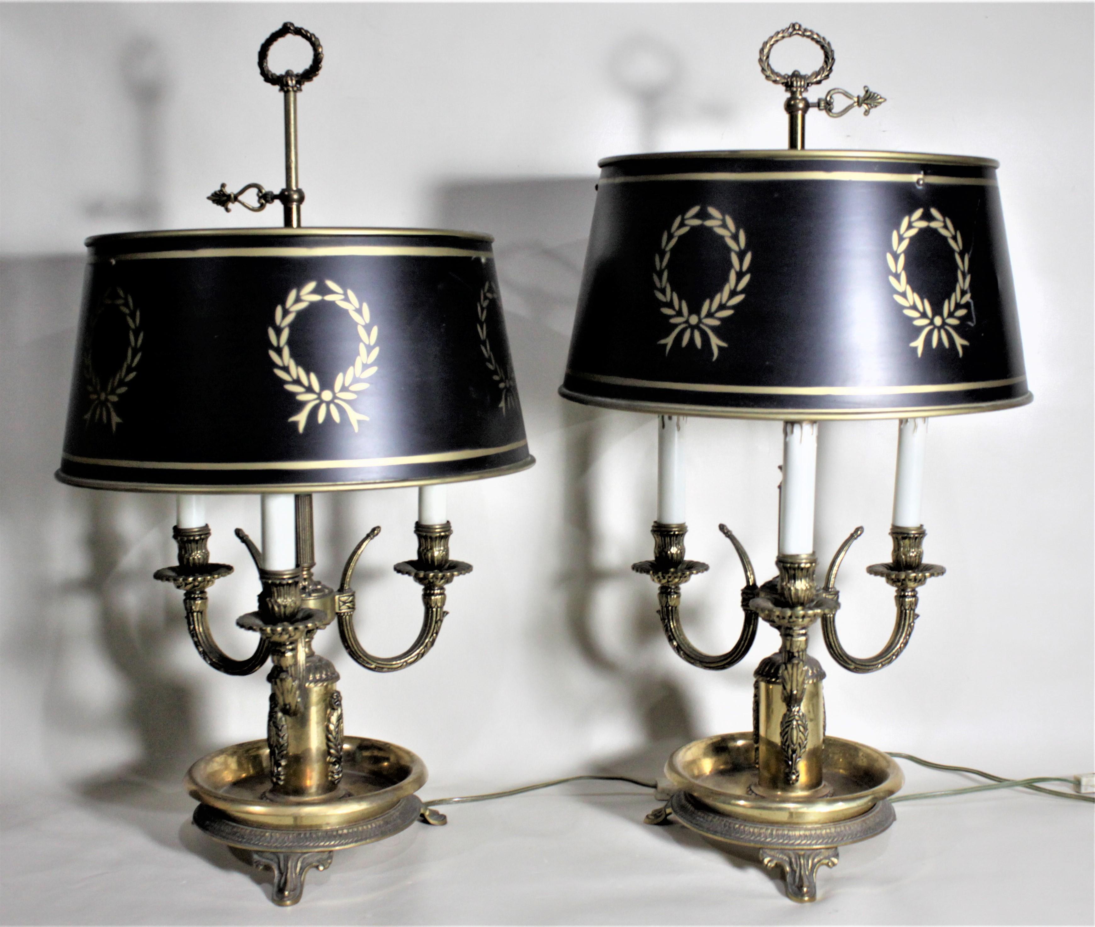 Pair of Cast Brass French Tole Painted Bouillotte Styled Library or Table Lamps 1