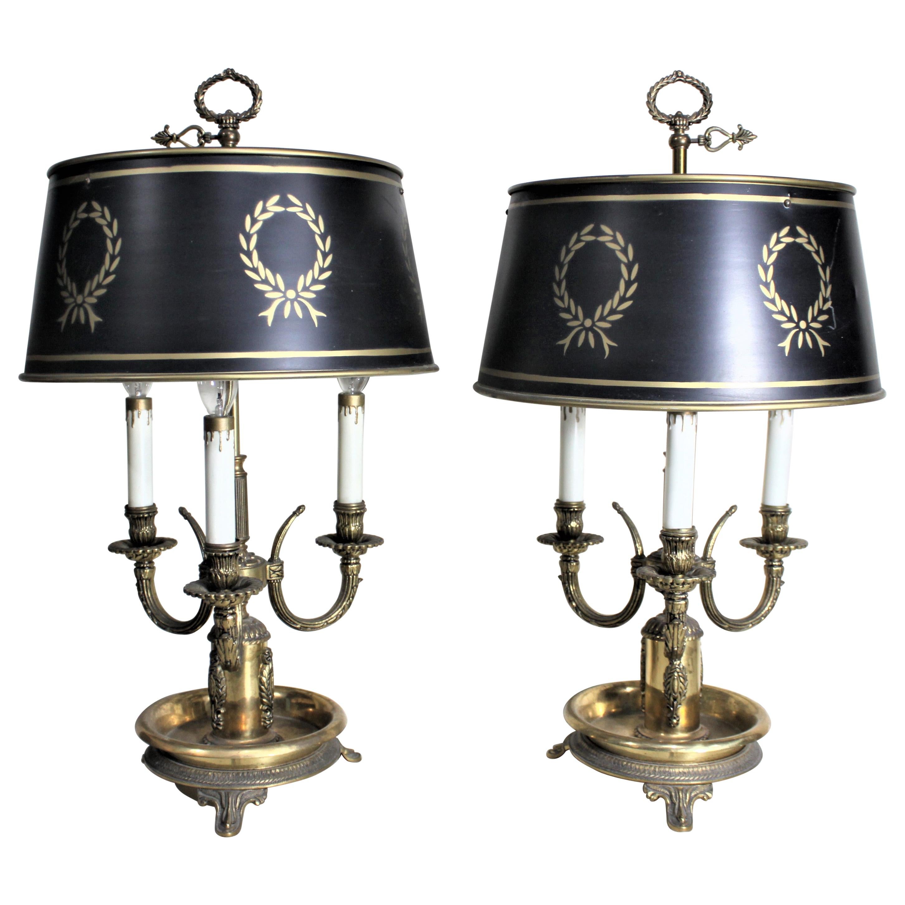 Pair of Cast Brass French Tole Painted Bouillotte Styled Library or Table Lamps