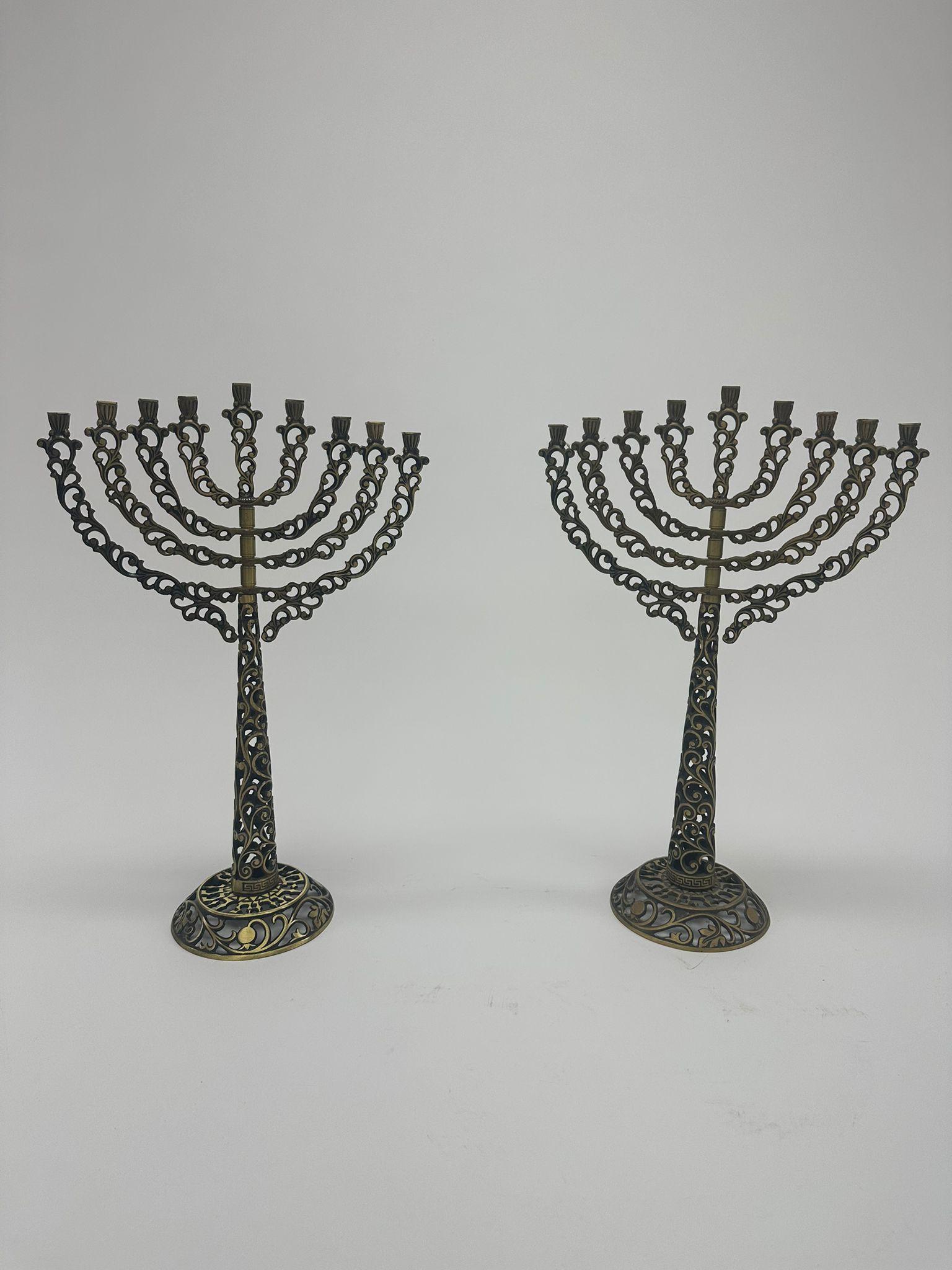 Pair of Cast Brass Hanukkah Menorahs for Father and Son by Oppenheim, Israel For Sale 2