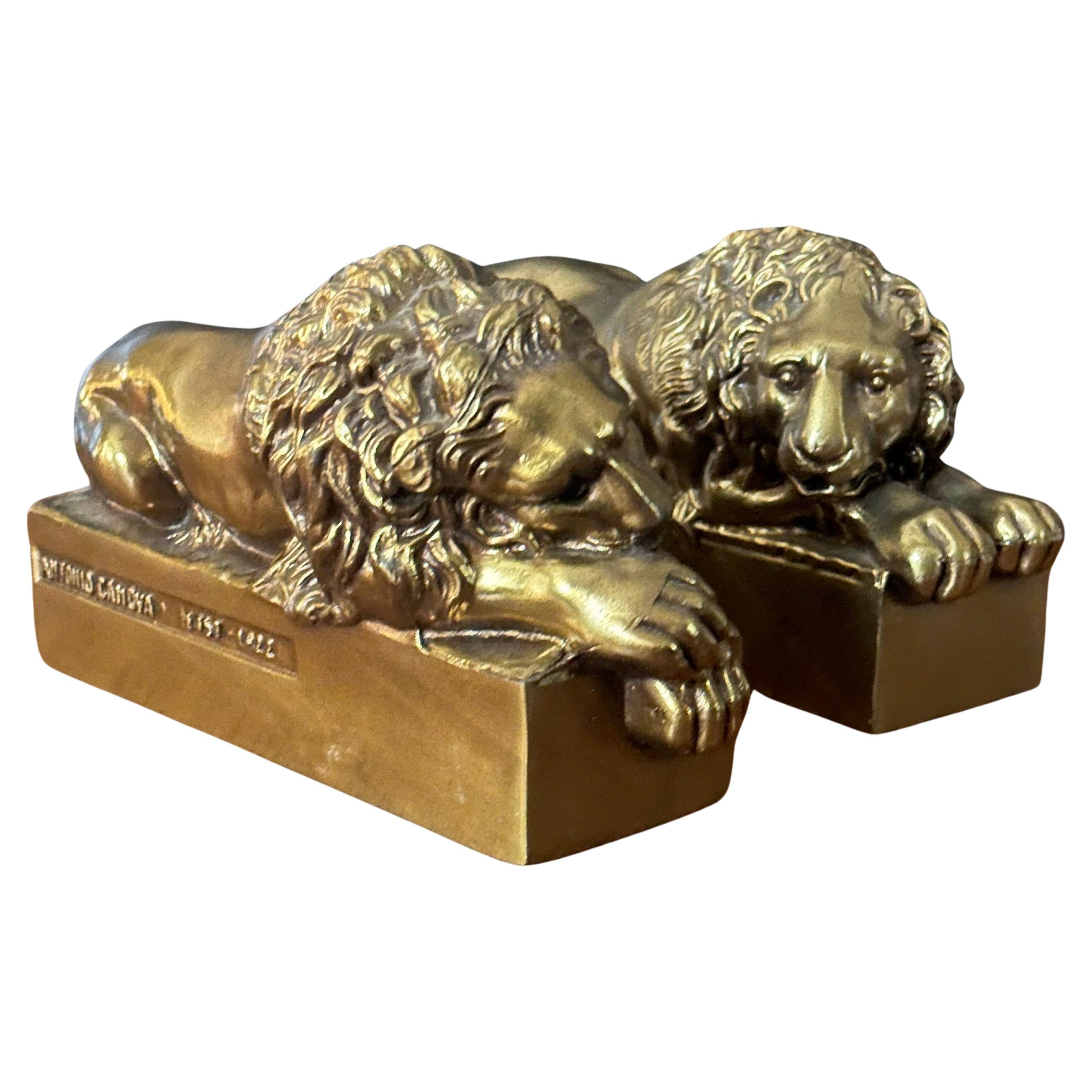 Hollywood Regency Pair of Cast Brass Lion Bookends by Antonio Canova 