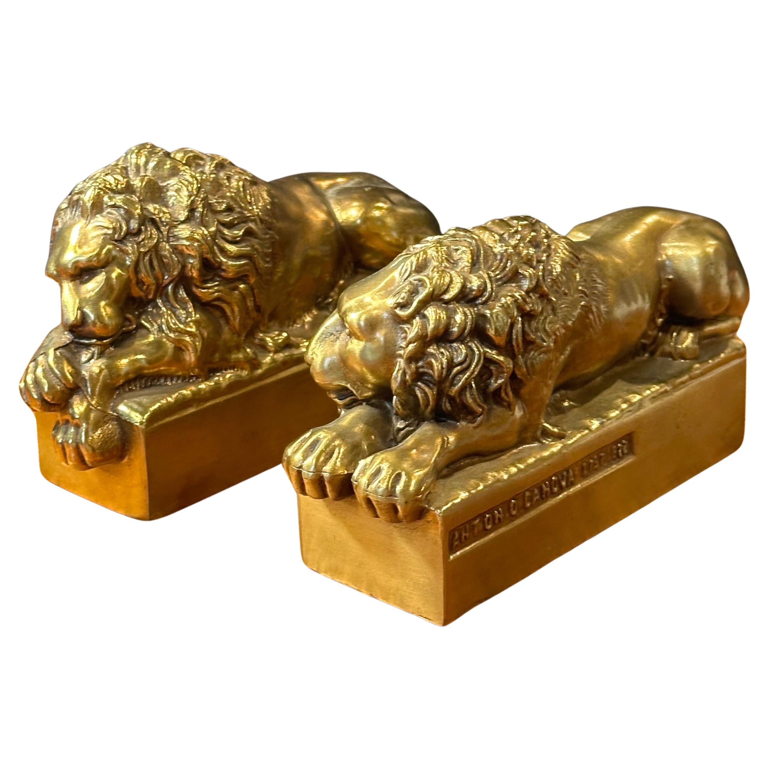 Italian Pair of Cast Brass Lion Bookends by Antonio Canova 
