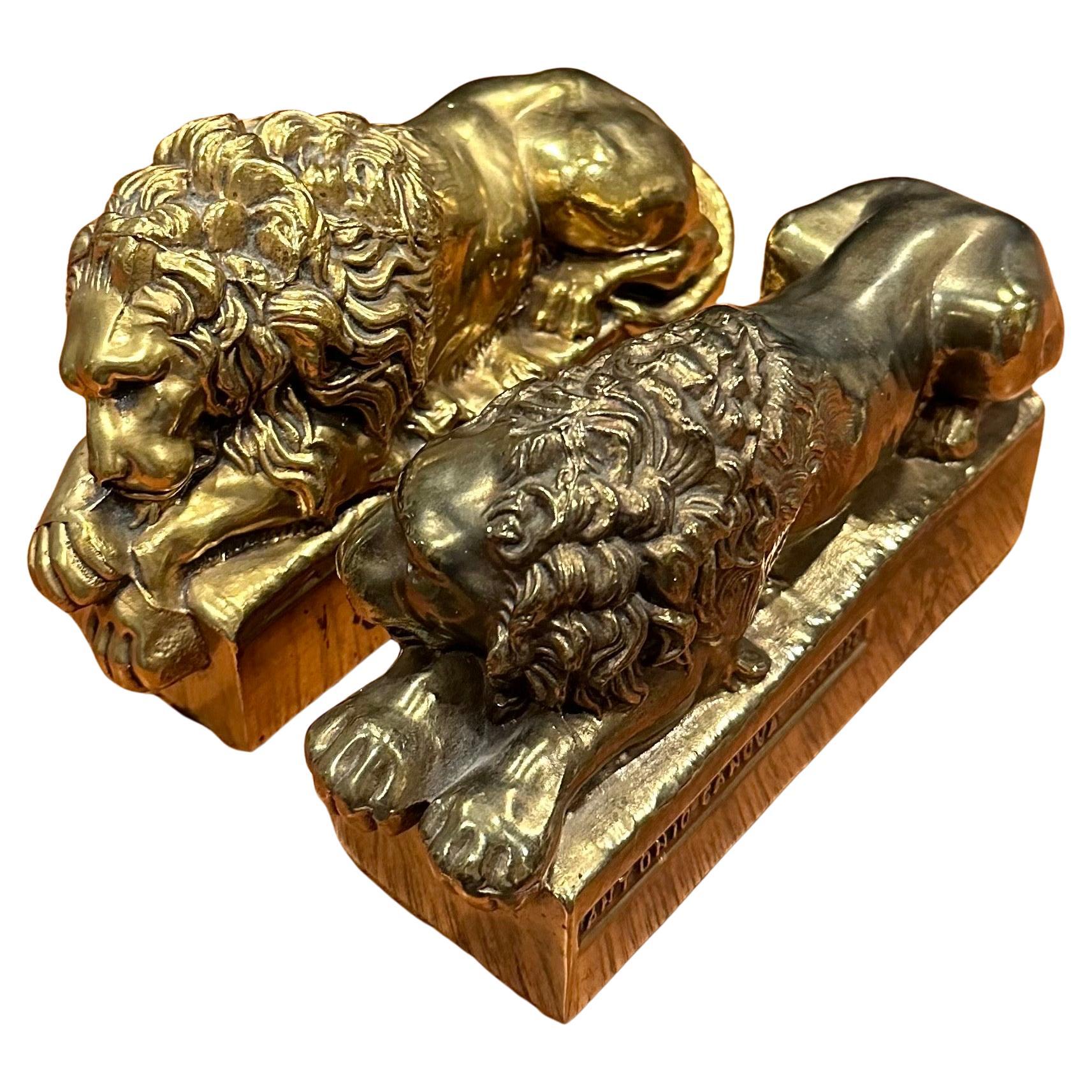 Italian Pair of Cast Brass Lion Bookends by Antonio Canova