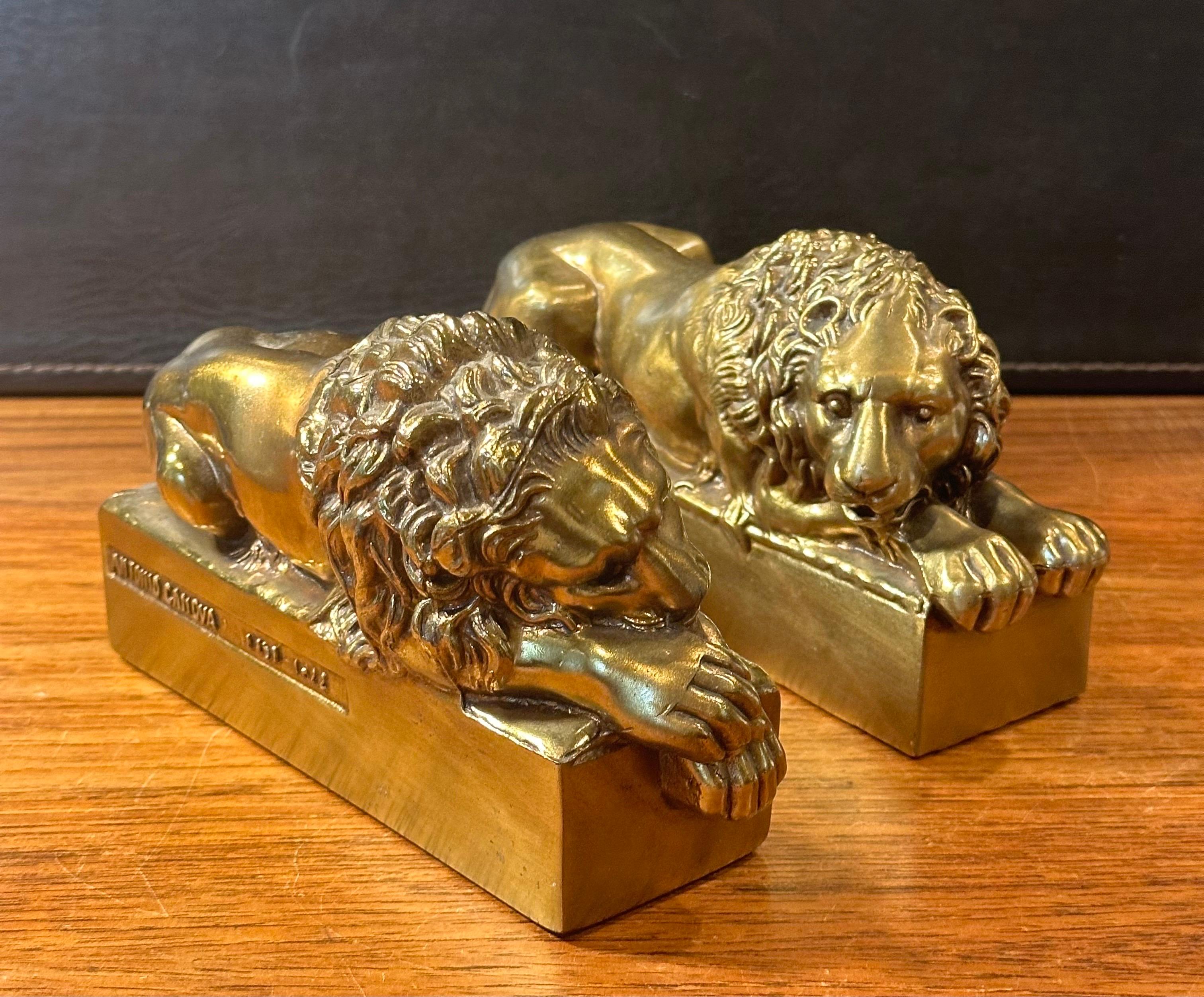 Polished Pair of Cast Brass Lion Bookends by Antonio Canova 