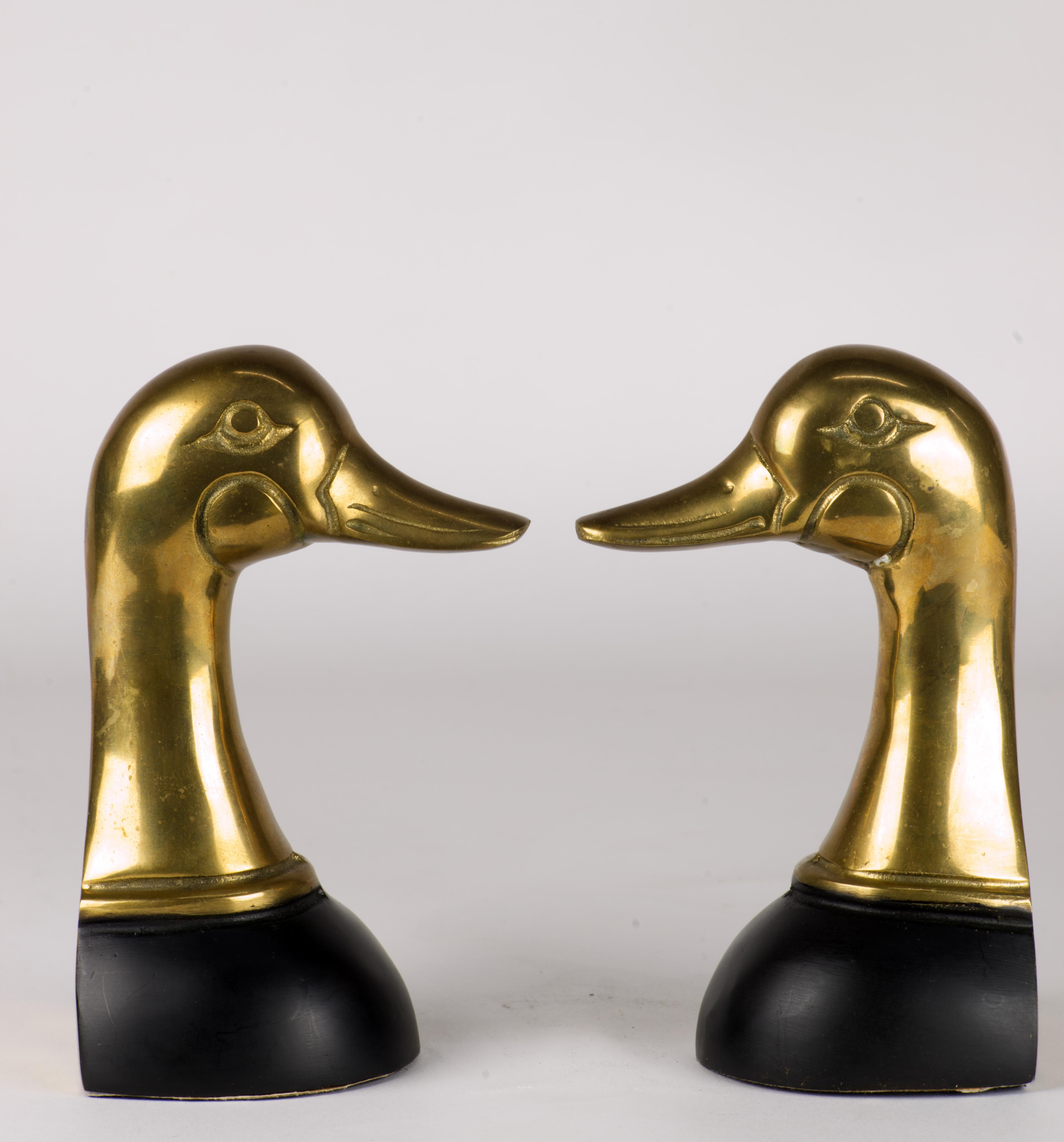 Pair of Cast Brass Mallard Duck Bookends Mid Century Modern In Good Condition For Sale In Clifton Springs, NY